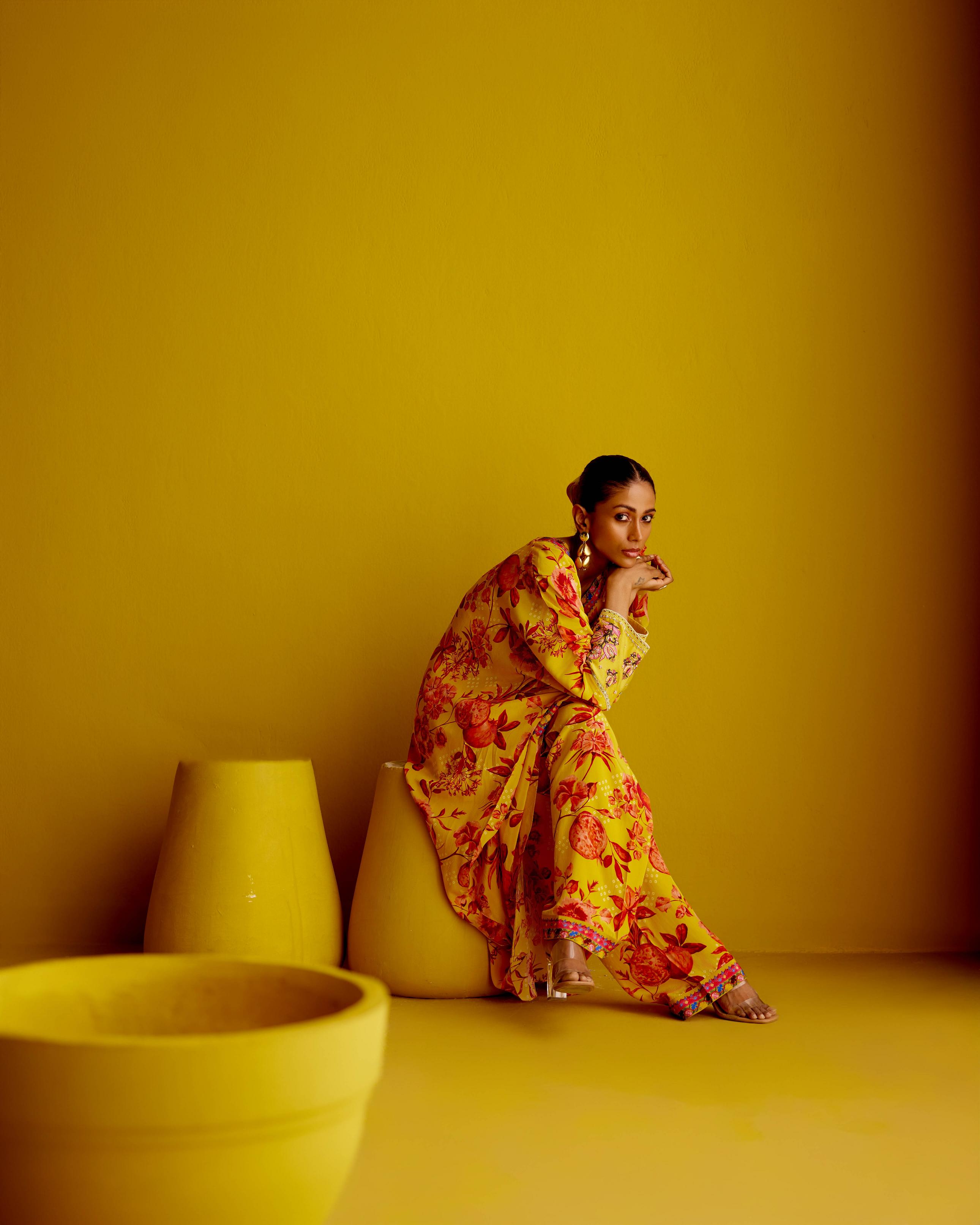 Kaftan Kurta with Cuff Embroidery & Pants