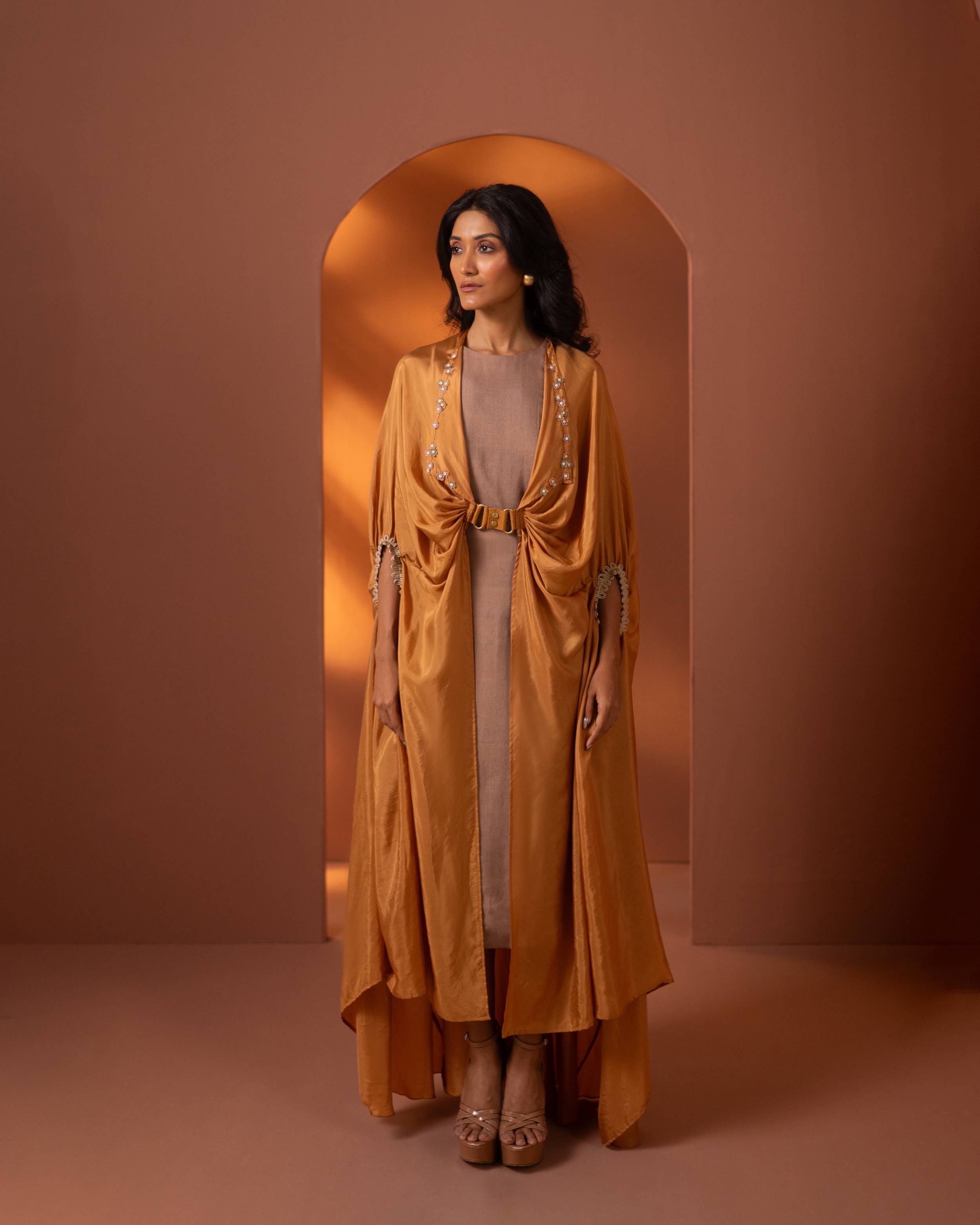 Marigold Silk Dress & Cape Set