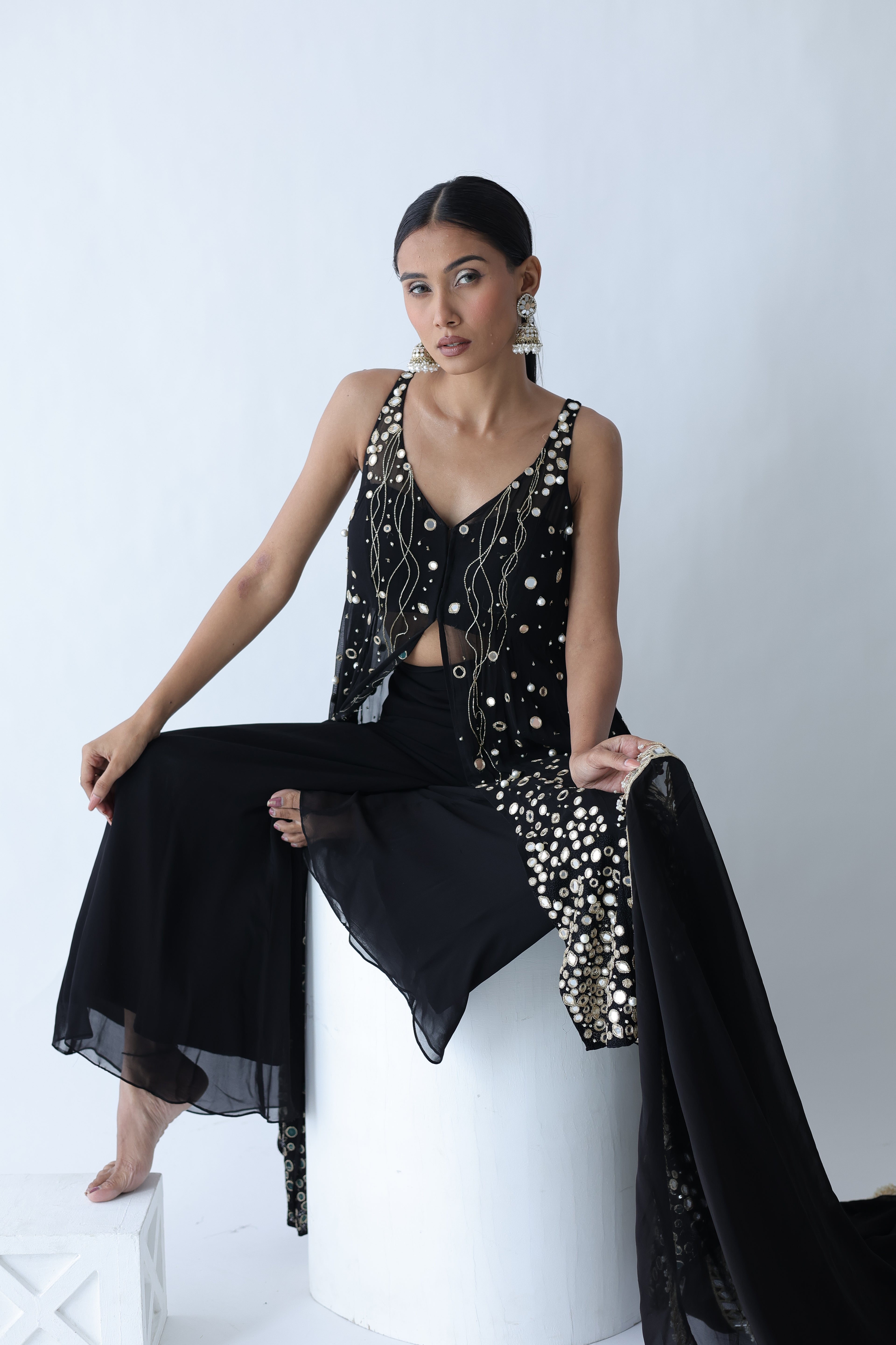 Kohinoor Assymetrical Kali Kurta With Wide Palazo And Dupatta