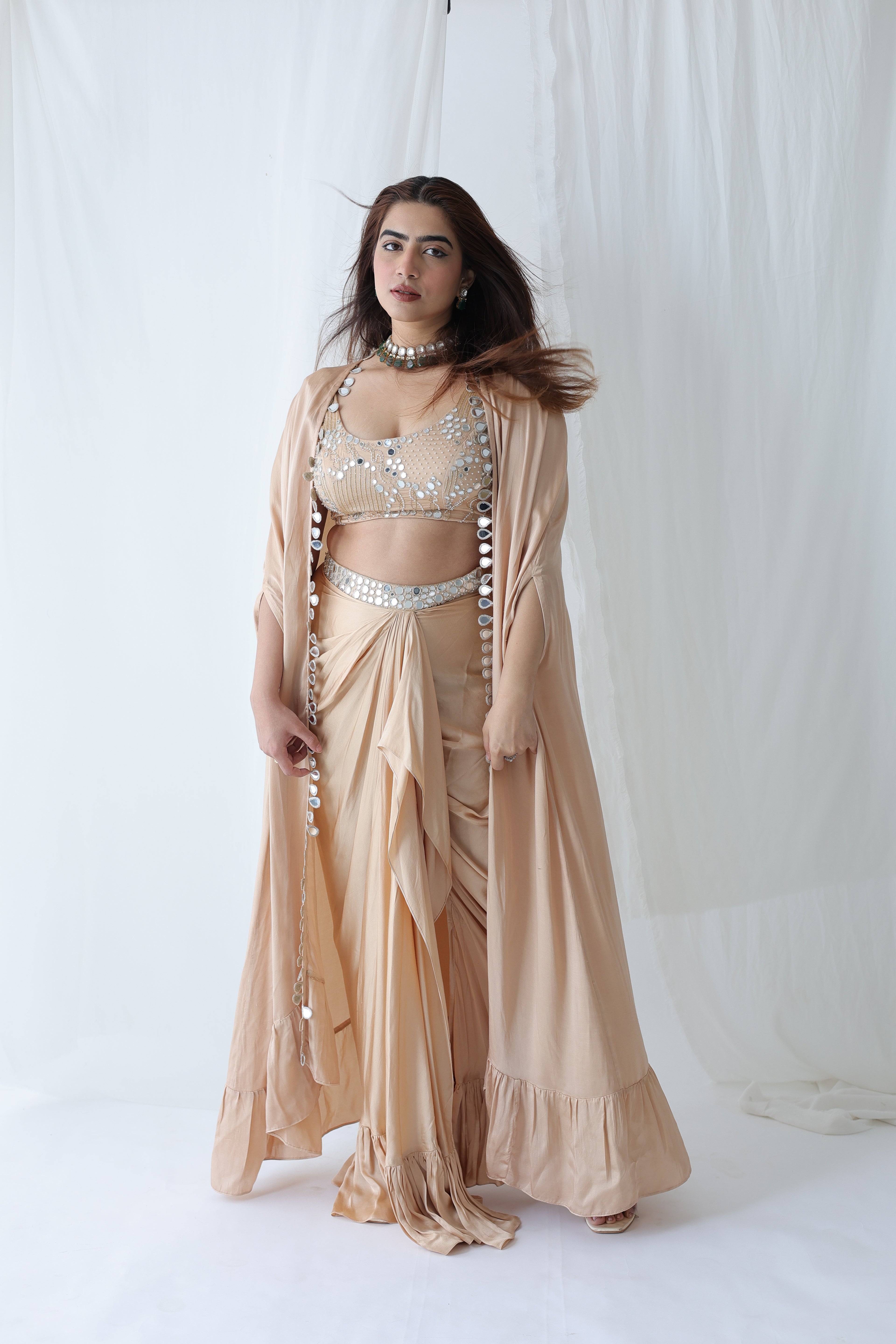 Afreen Open Cape With Bustier And Draped Skirt