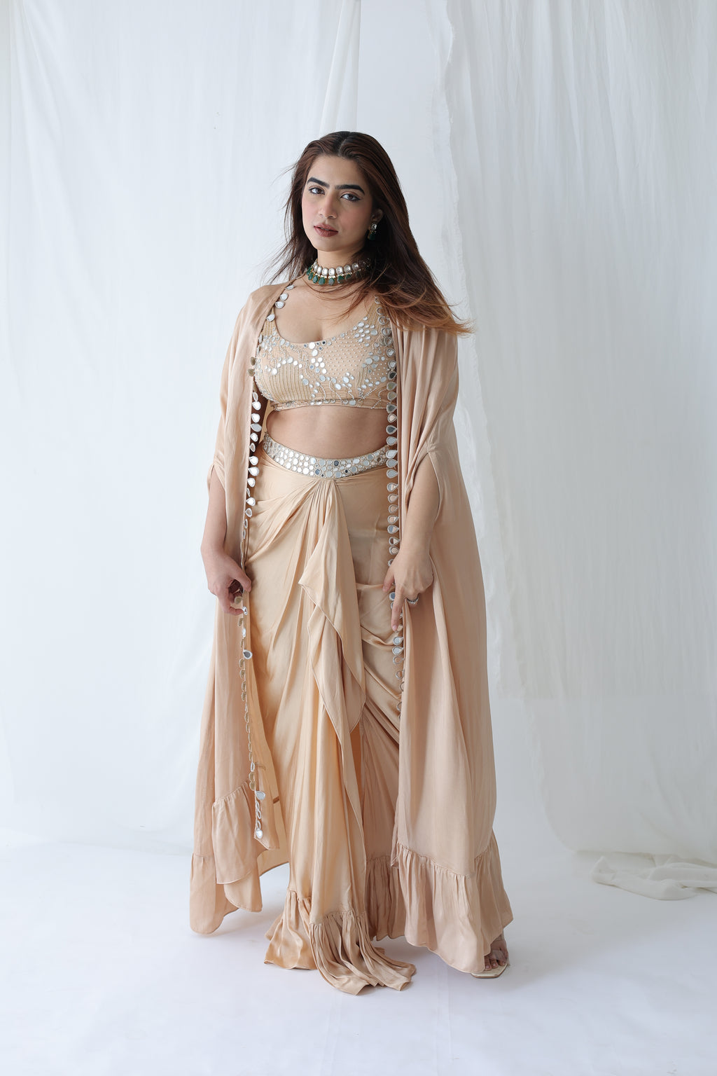 Afreen Open Cape With Bustier And Draped Skirt
