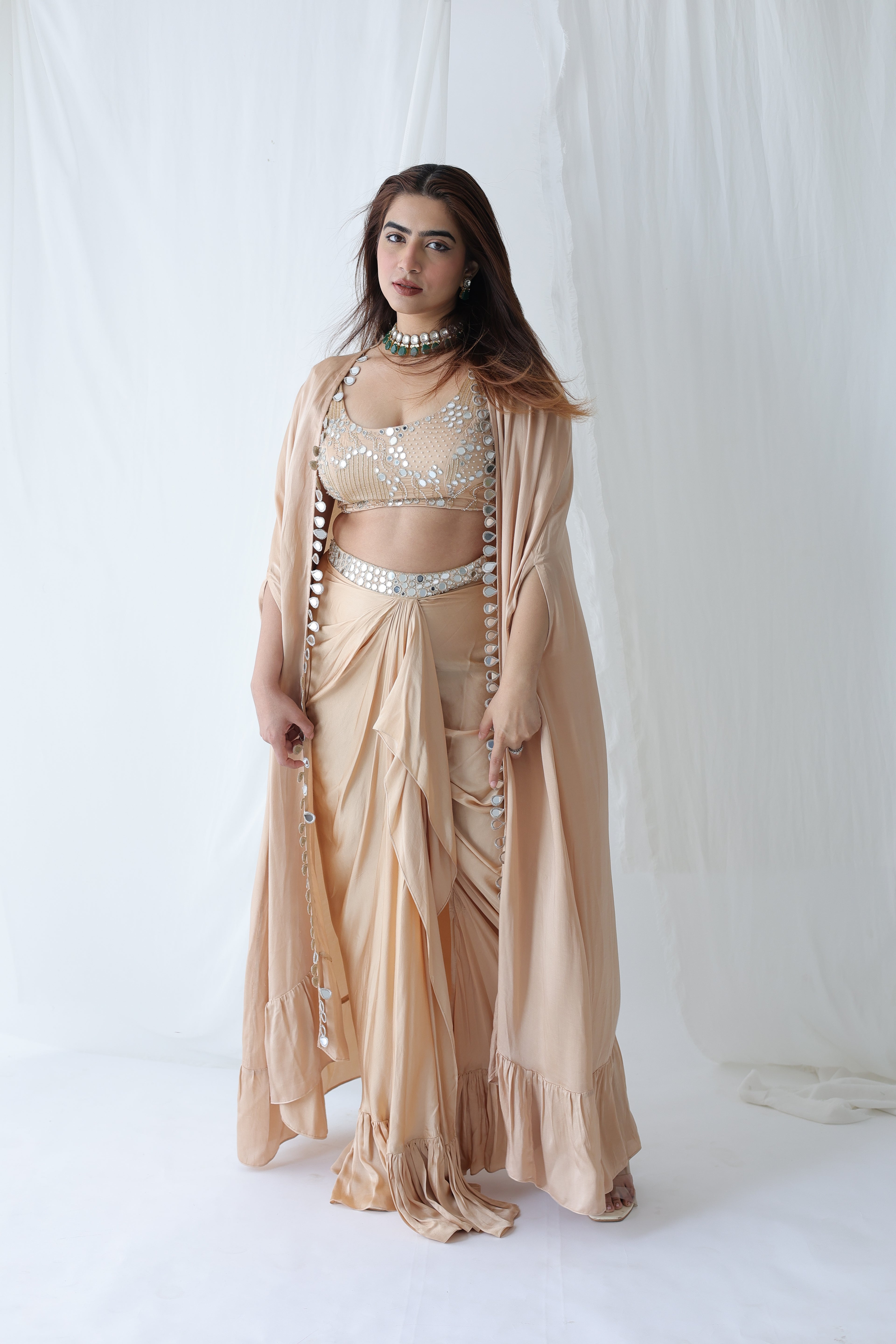 Afreen Open Cape With Bustier And Draped Skirt