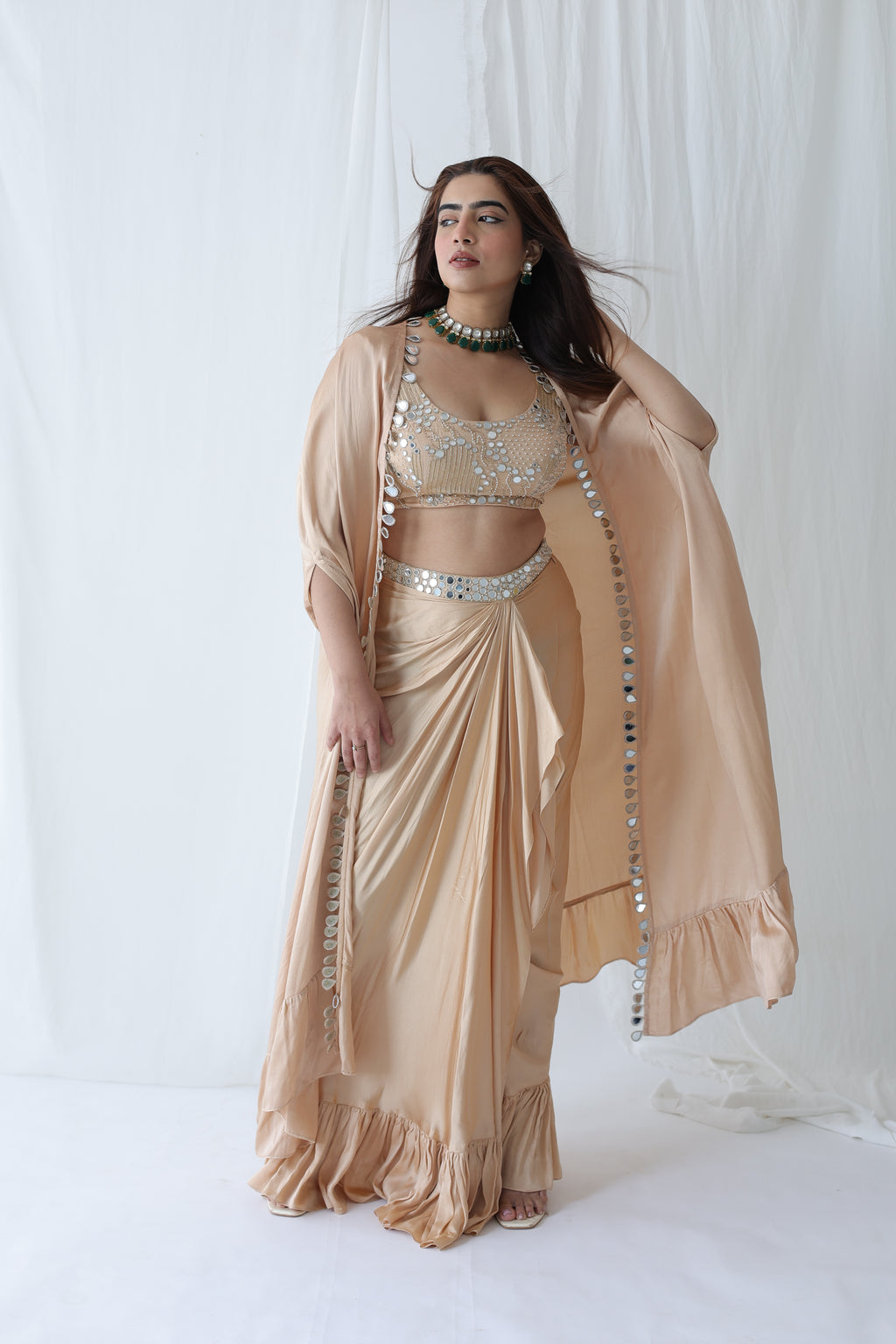 Afreen Open Cape With Bustier And Draped Skirt