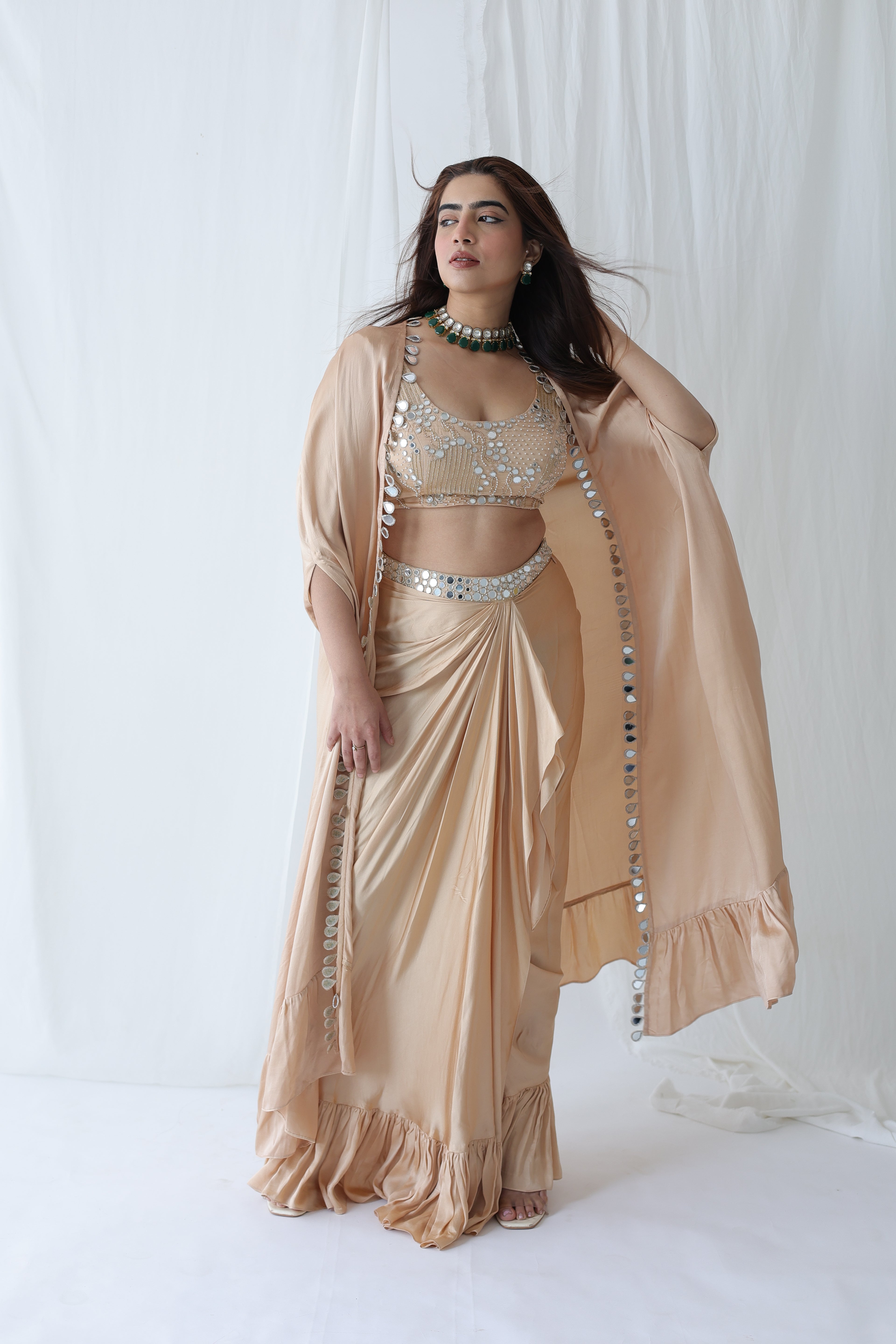 Afreen Open Cape With Bustier And Draped Skirt