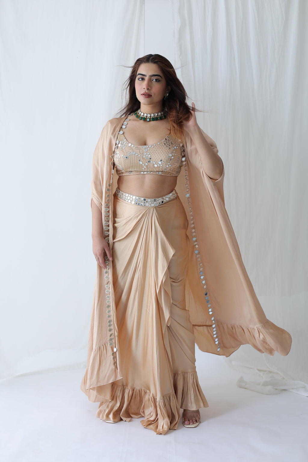 Afreen Open Cape With Bustier And Draped Skirt