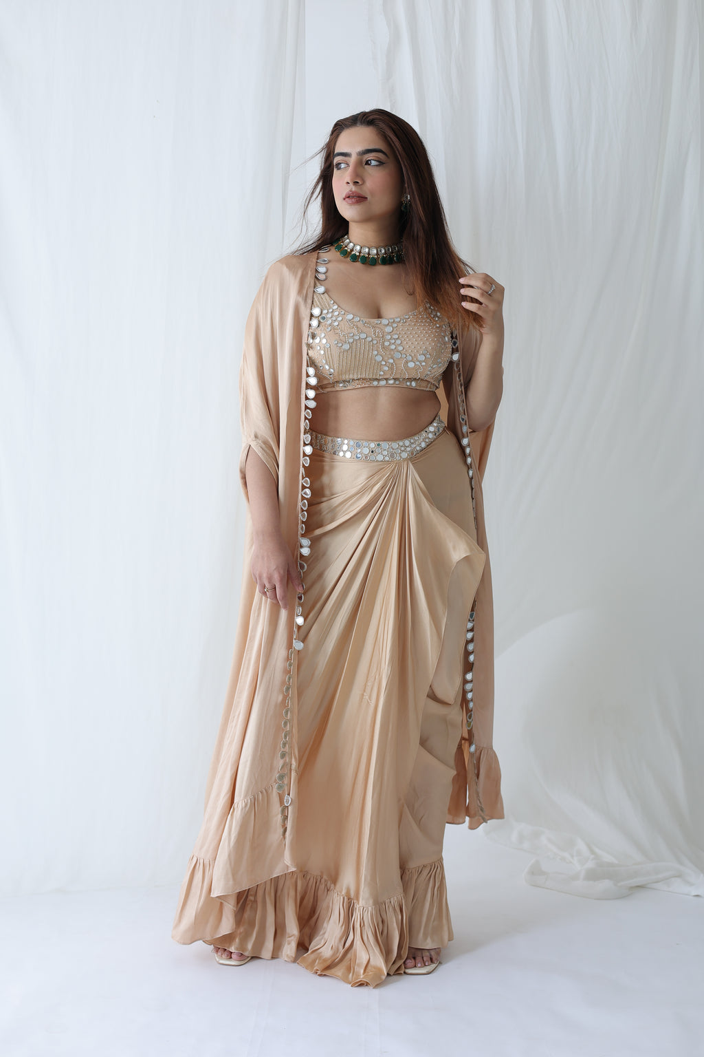 Afreen Open Cape With Bustier And Draped Skirt