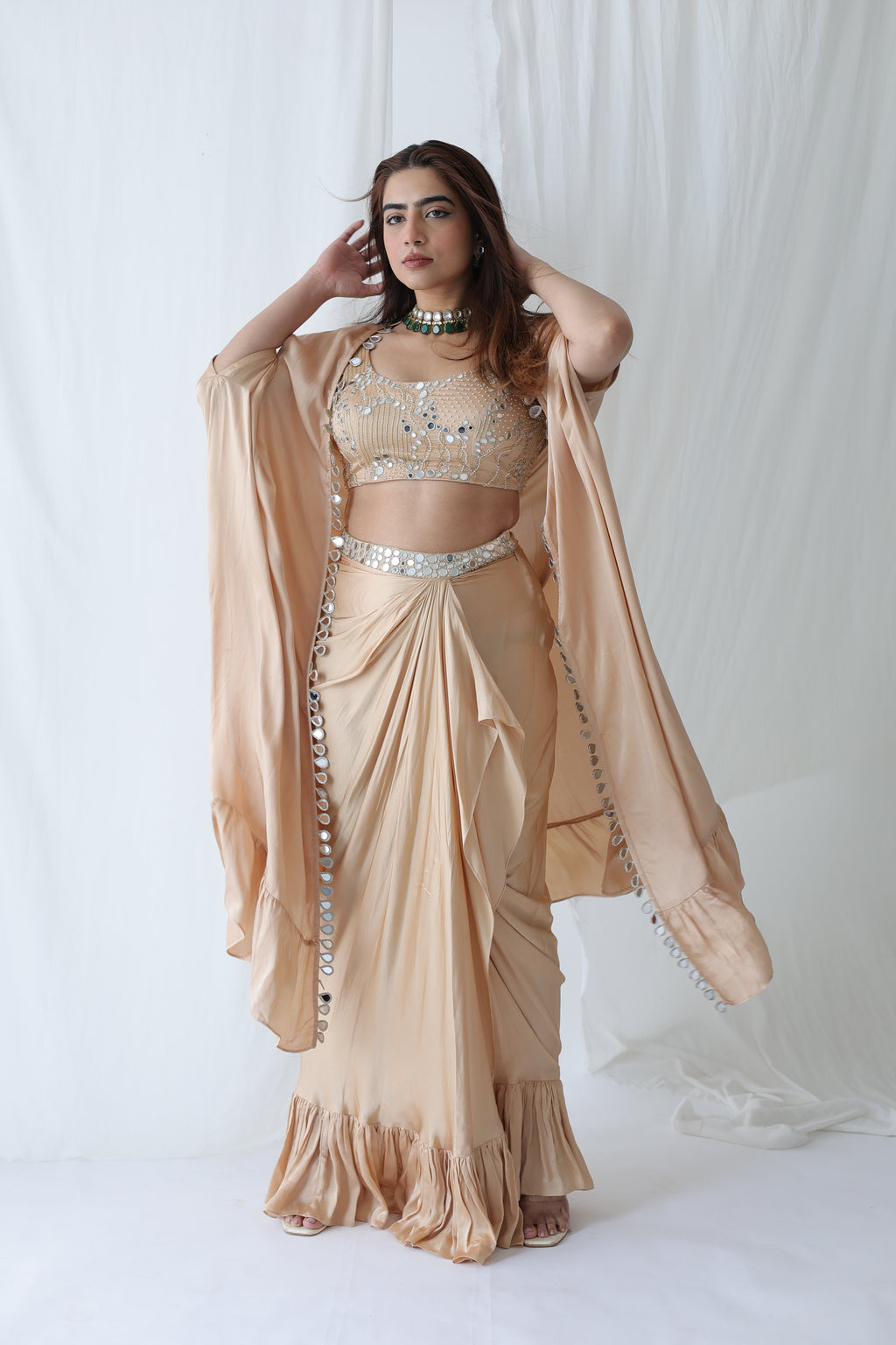 Afreen Open Cape With Bustier And Draped Skirt
