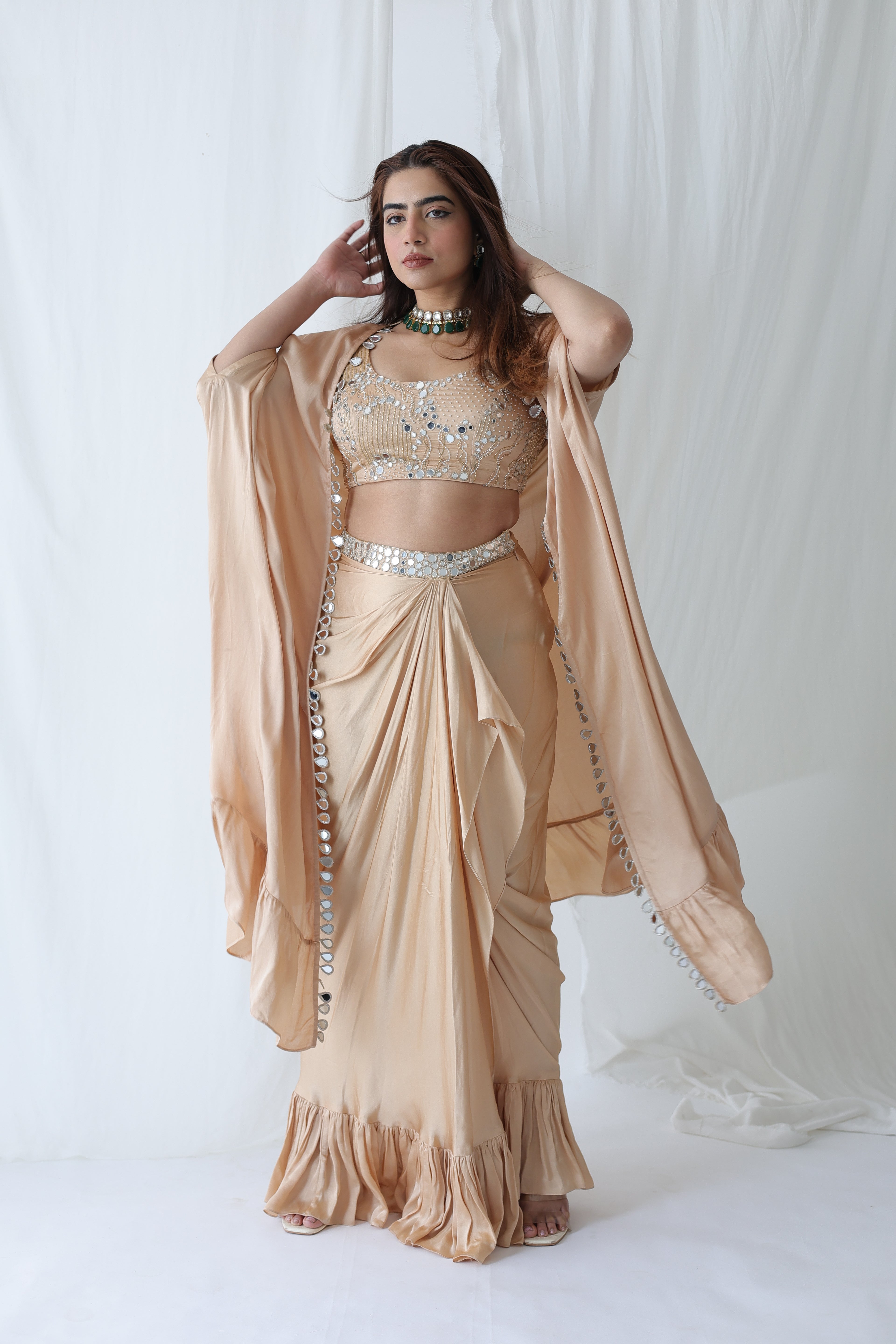Afreen Open Cape With Bustier And Draped Skirt