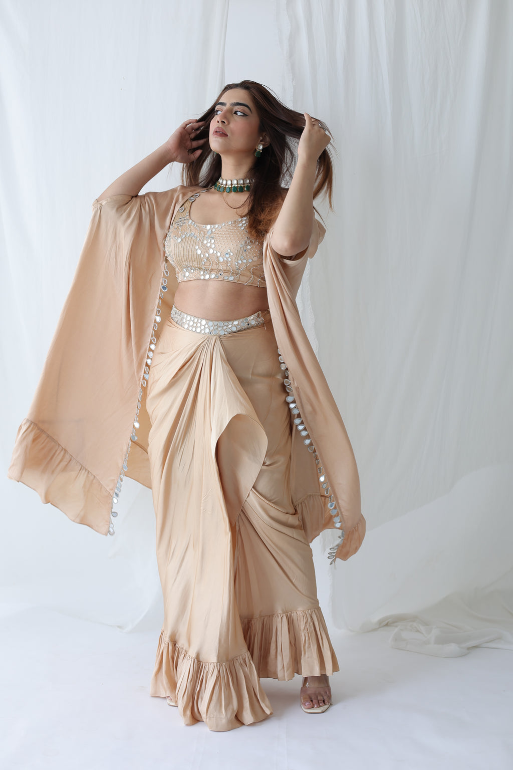 Afreen Open Cape With Bustier And Draped Skirt