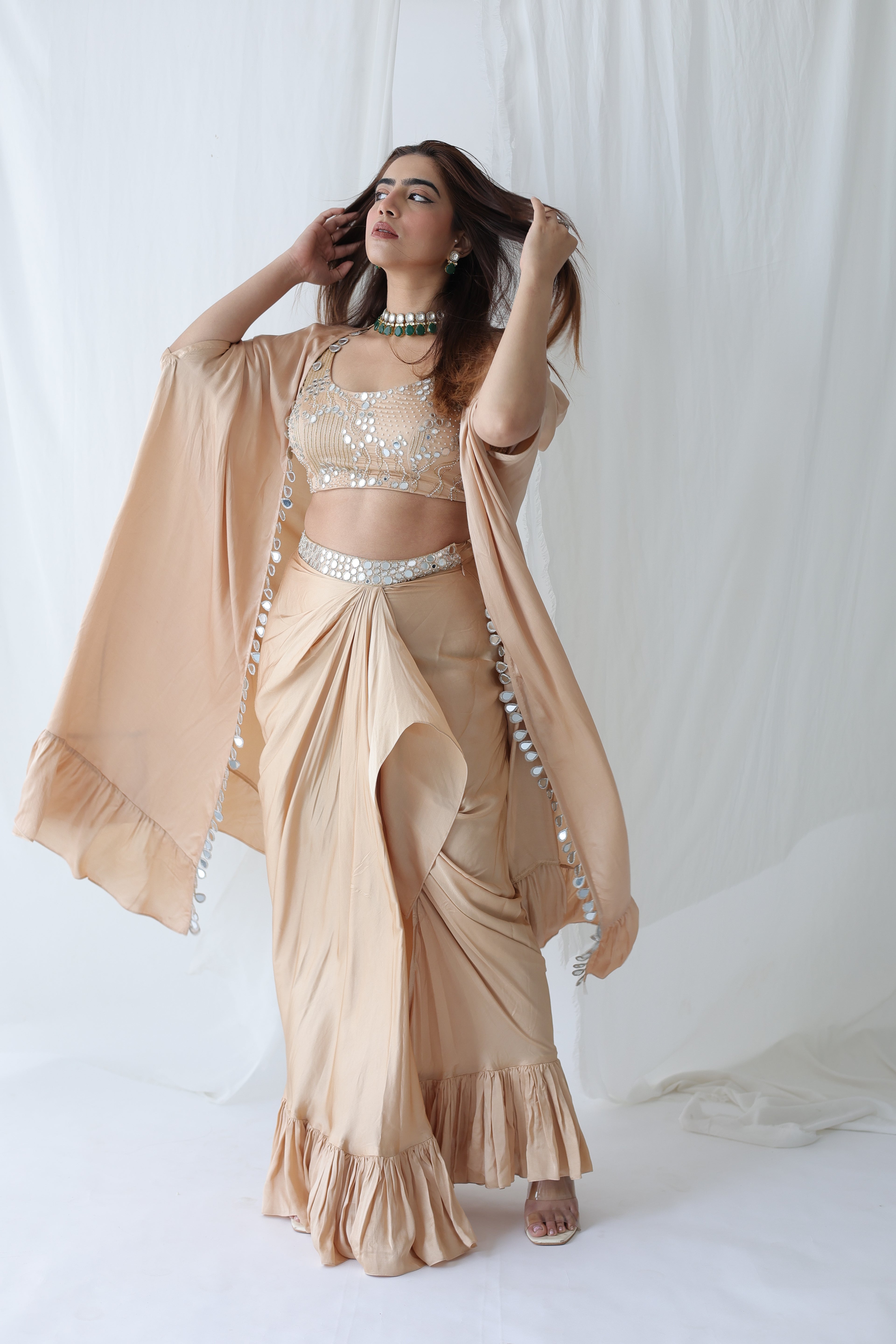 Afreen Open Cape With Bustier And Draped Skirt