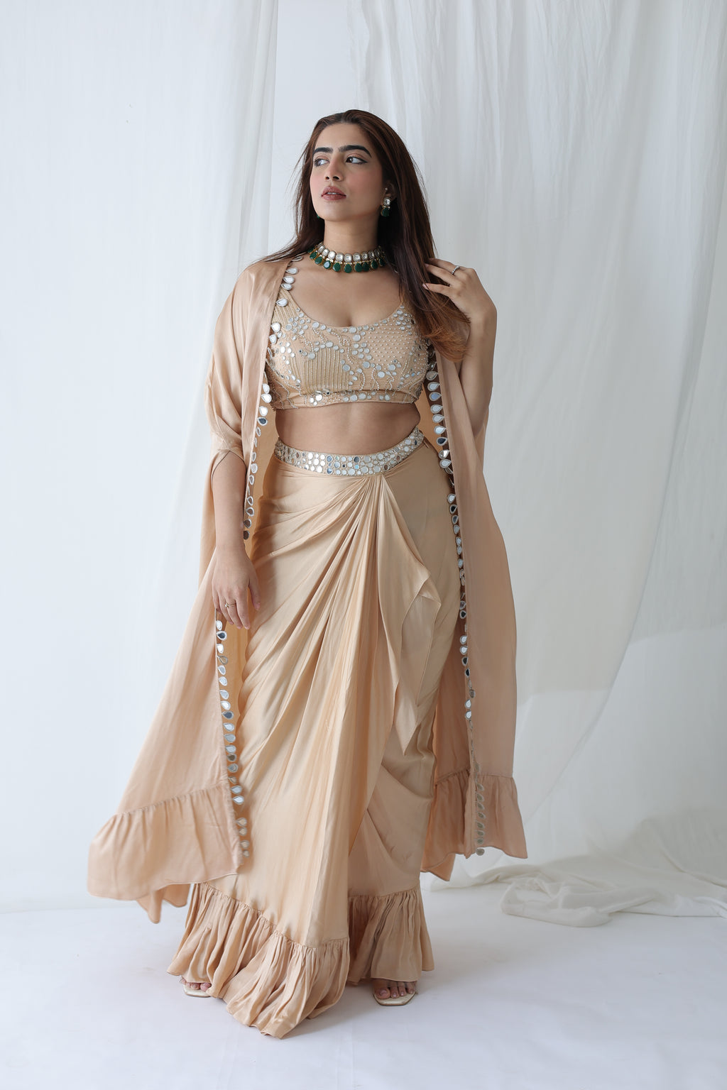 Afreen Open Cape With Bustier And Draped Skirt