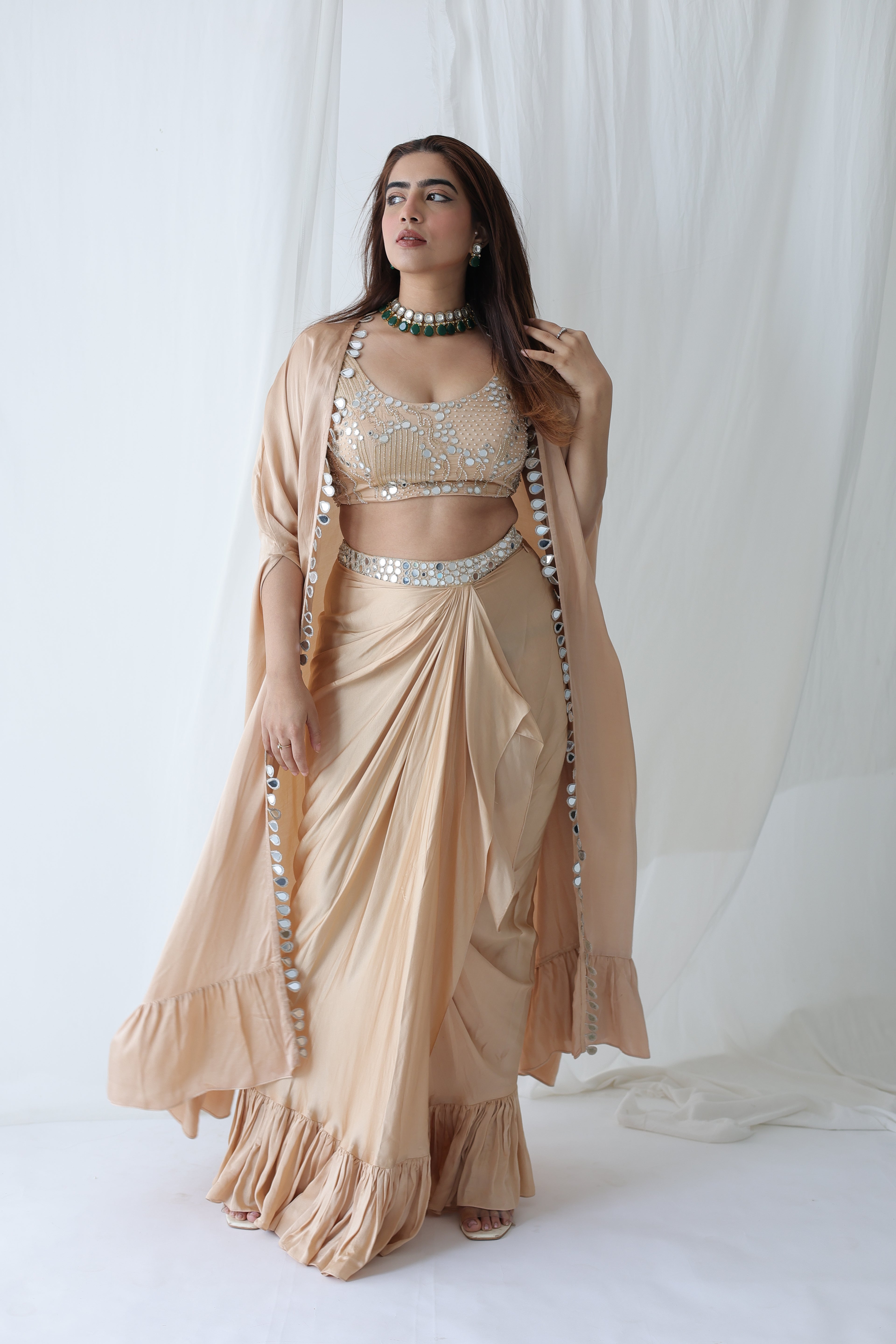 Afreen Open Cape With Bustier And Draped Skirt