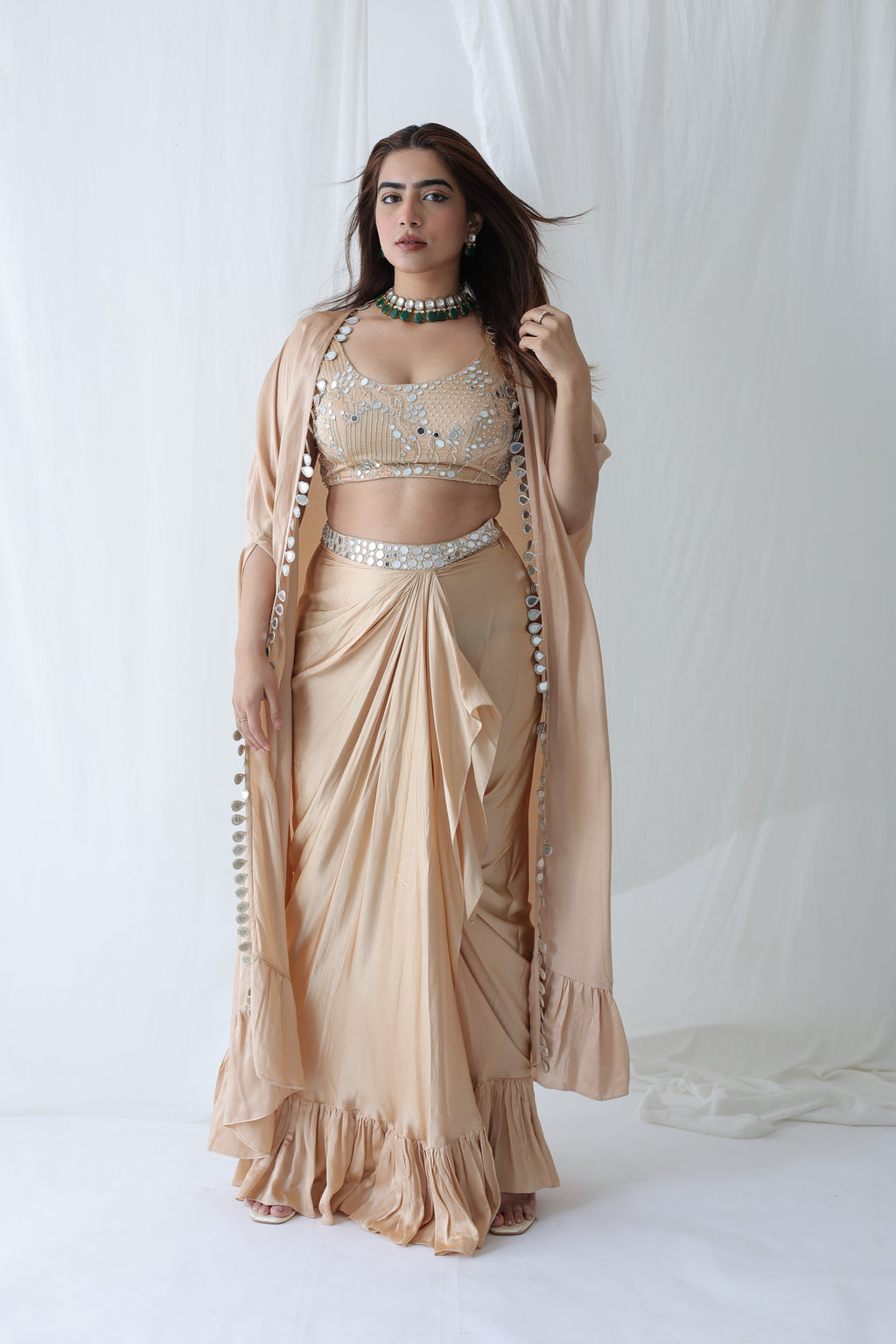 Afreen Open Cape With Bustier And Draped Skirt