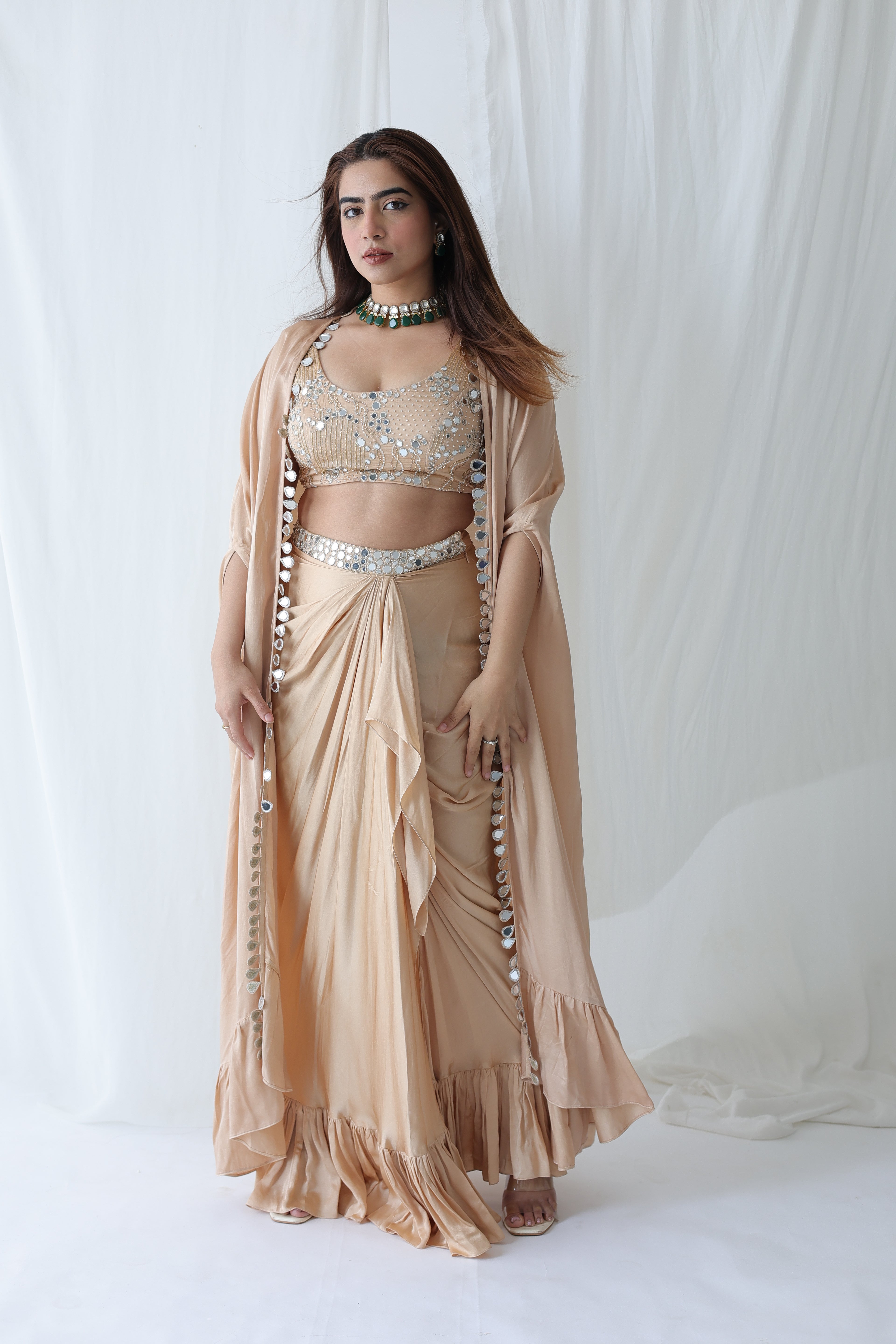 Afreen Open Cape With Bustier And Draped Skirt