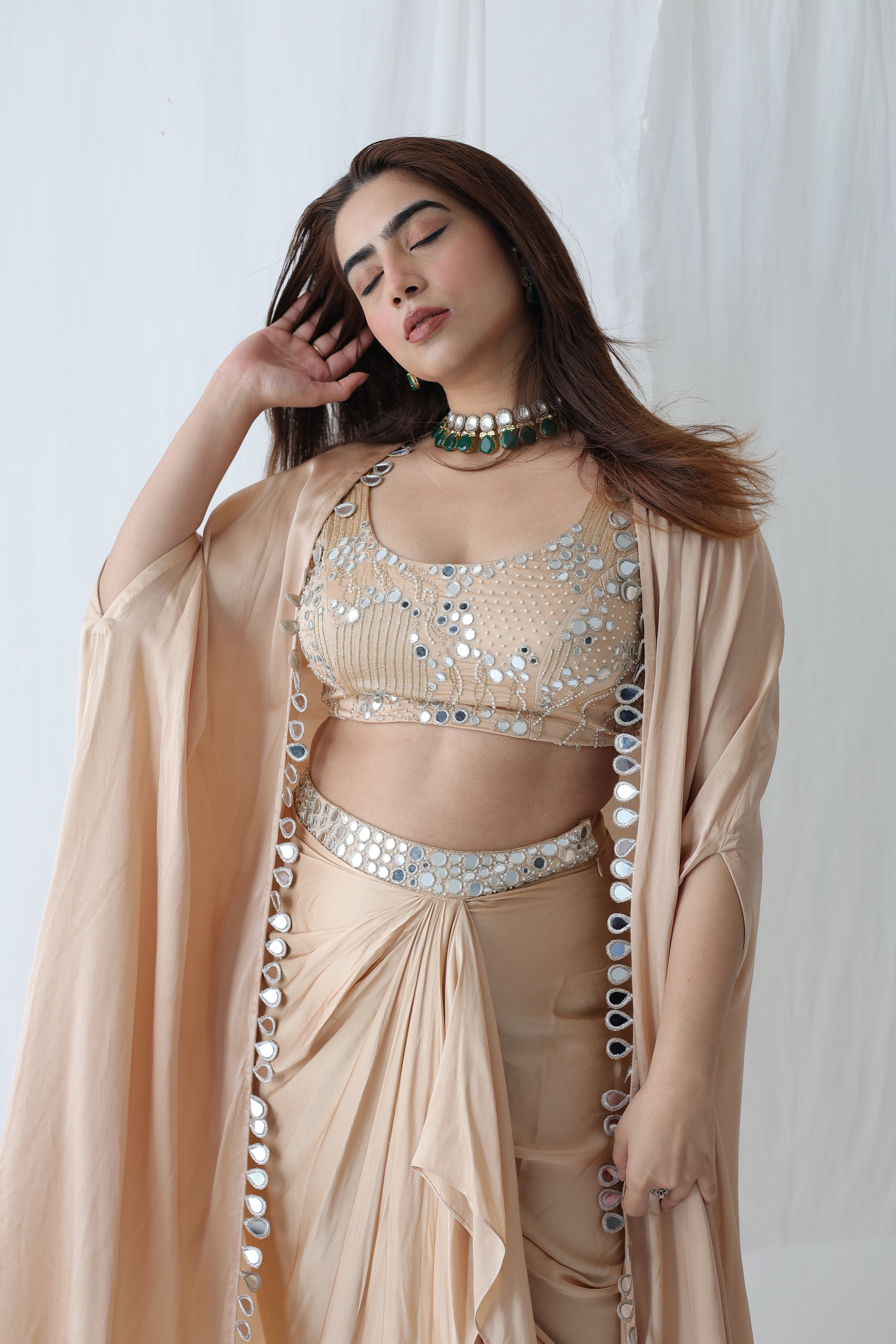 Afreen Open Cape With Bustier And Draped Skirt