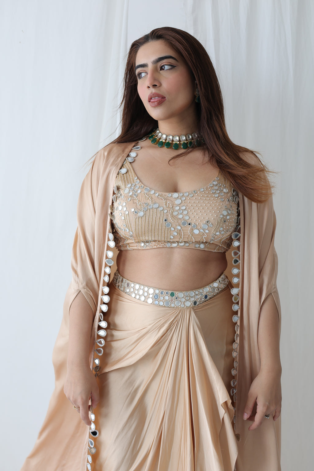 Afreen Open Cape With Bustier And Draped Skirt