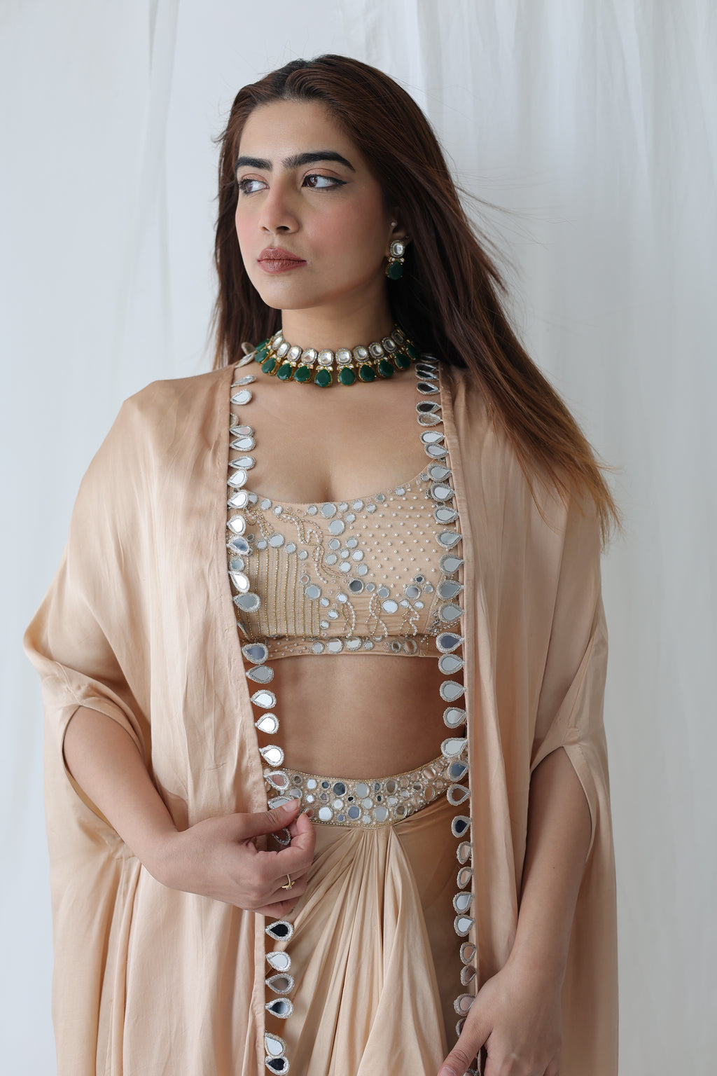 Afreen Open Cape With Bustier And Draped Skirt