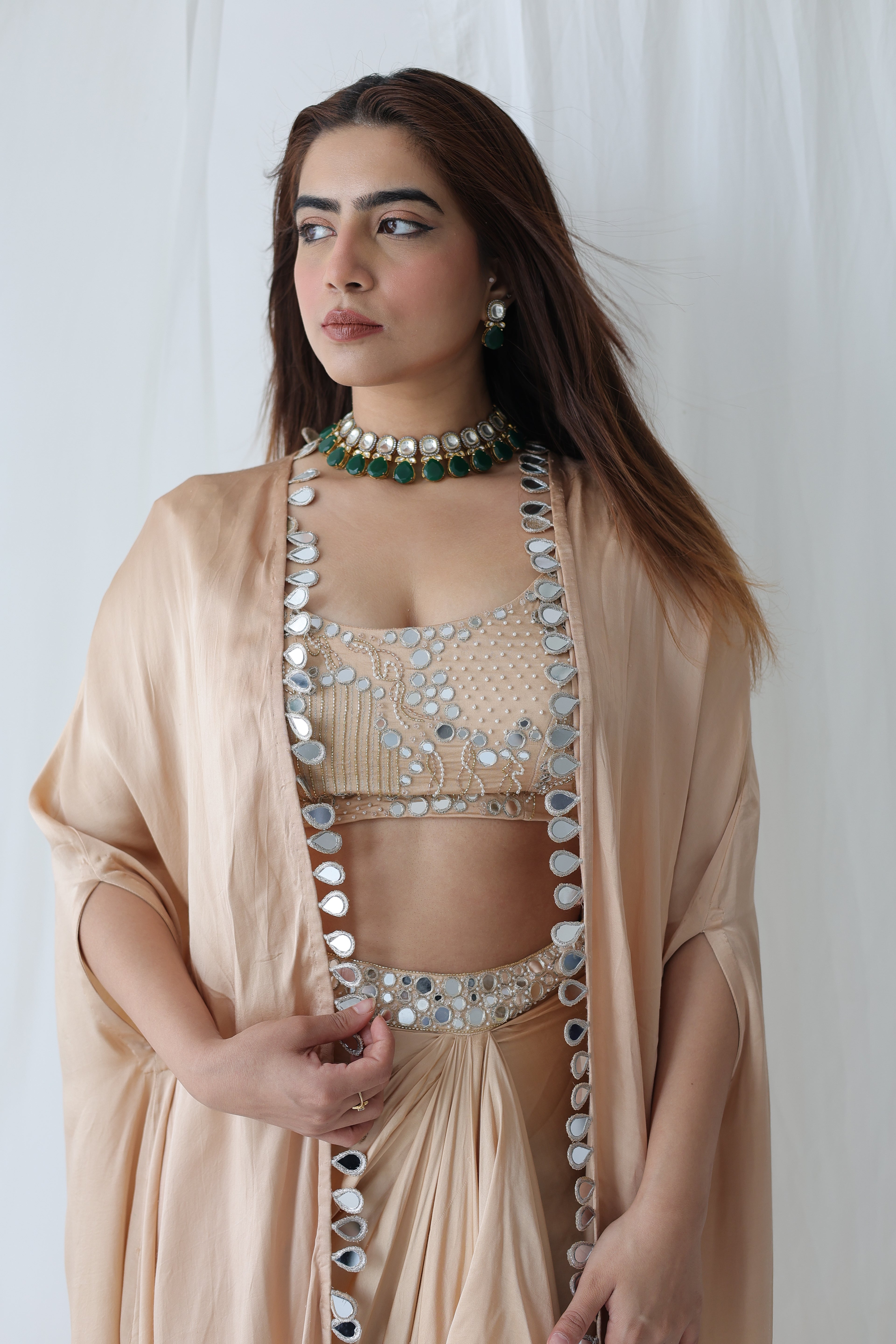 Afreen Open Cape With Bustier And Draped Skirt