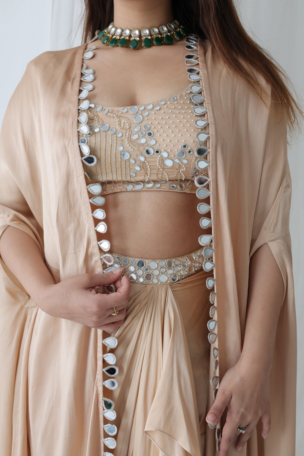 Afreen Open Cape With Bustier And Draped Skirt