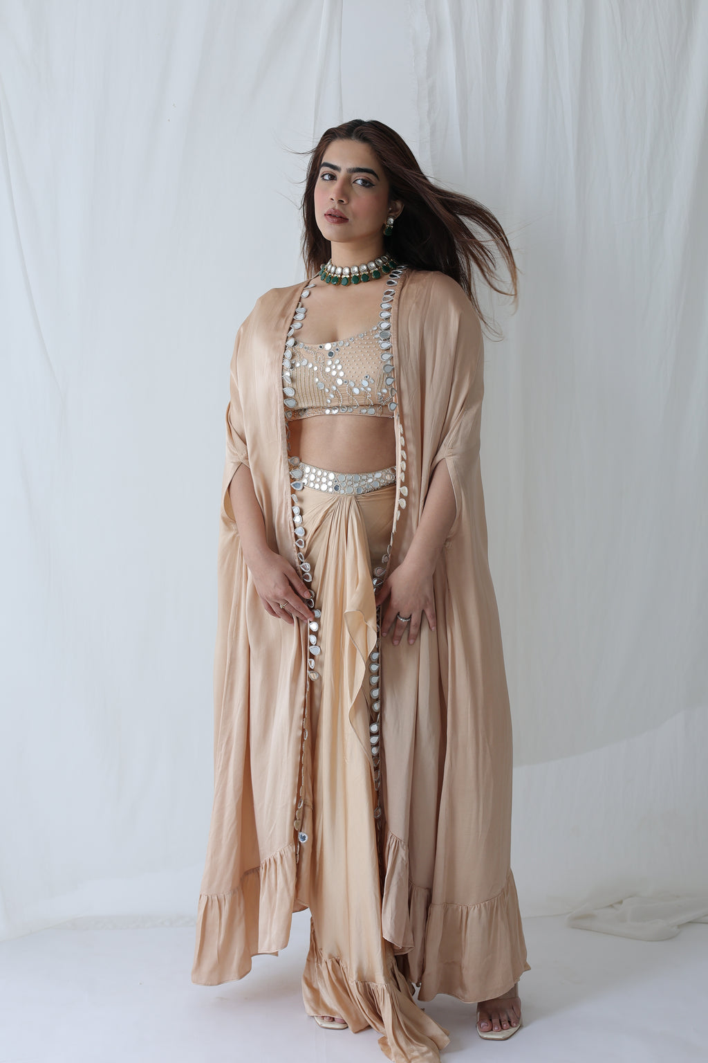 Afreen Open Cape With Bustier And Draped Skirt
