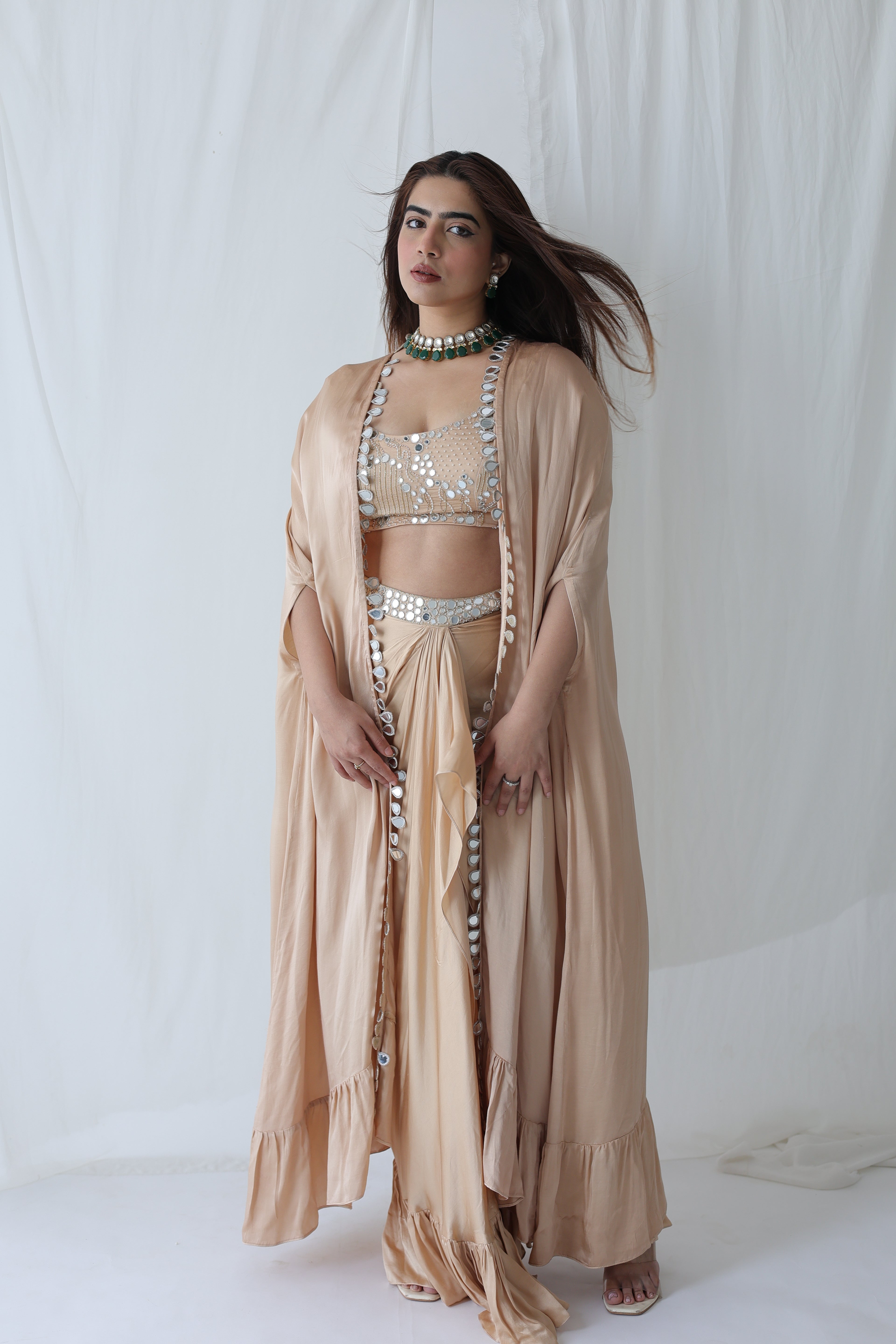 Afreen Open Cape With Bustier And Draped Skirt
