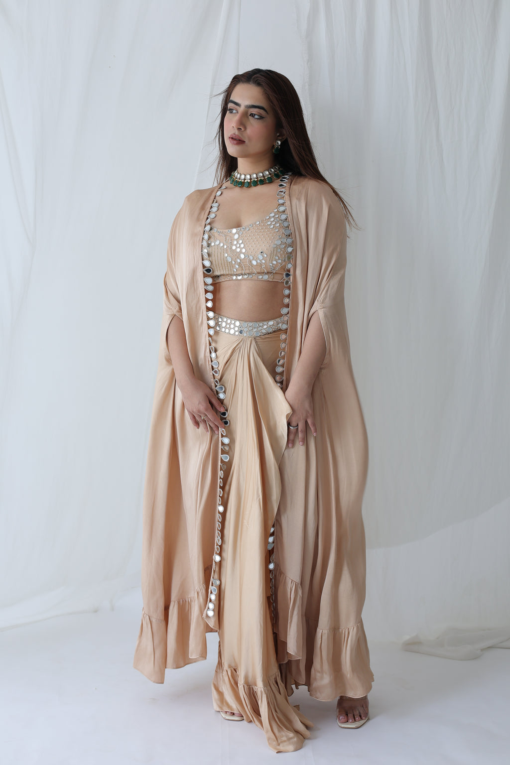 Afreen Open Cape With Bustier And Draped Skirt