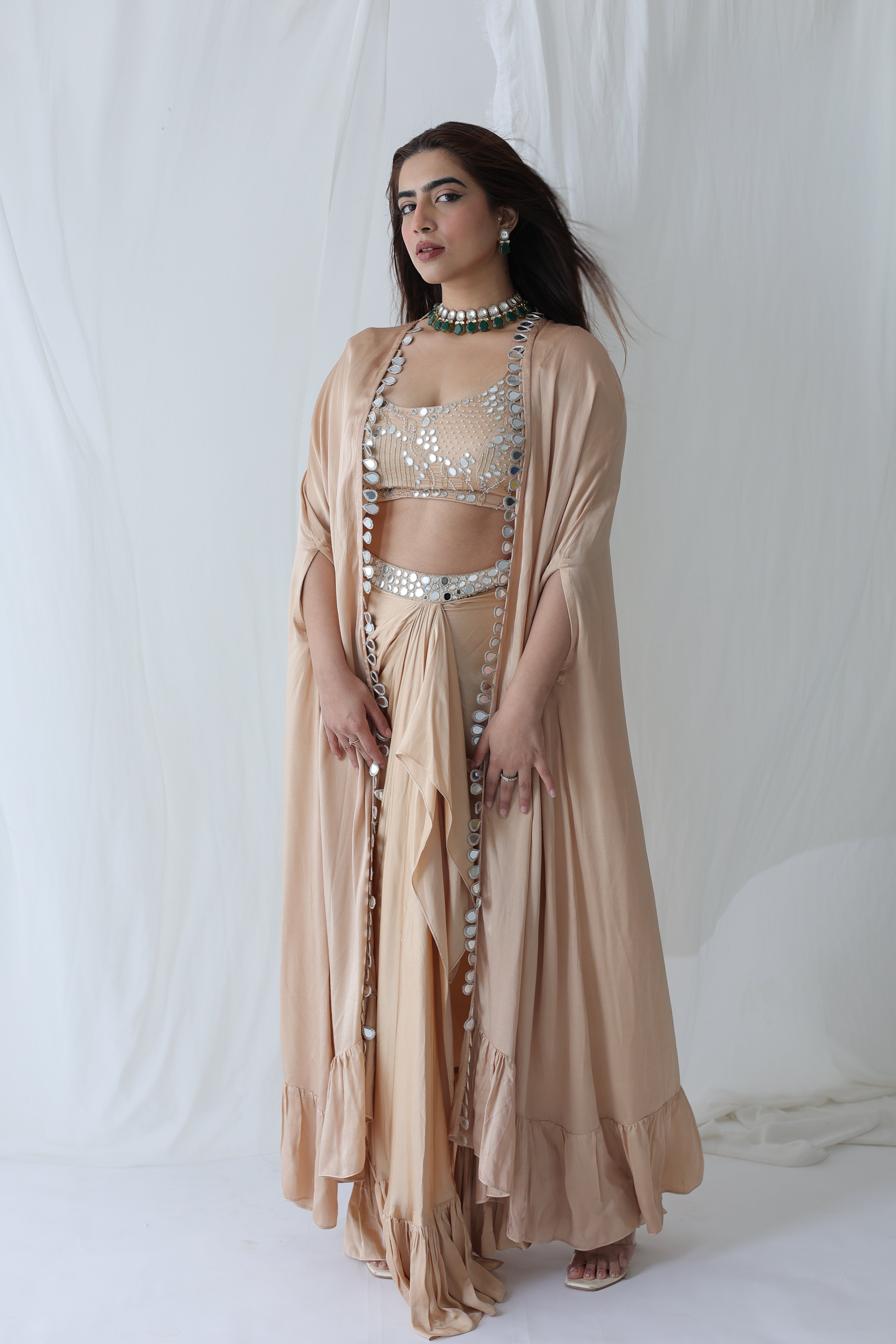 Afreen Open Cape With Bustier And Draped Skirt
