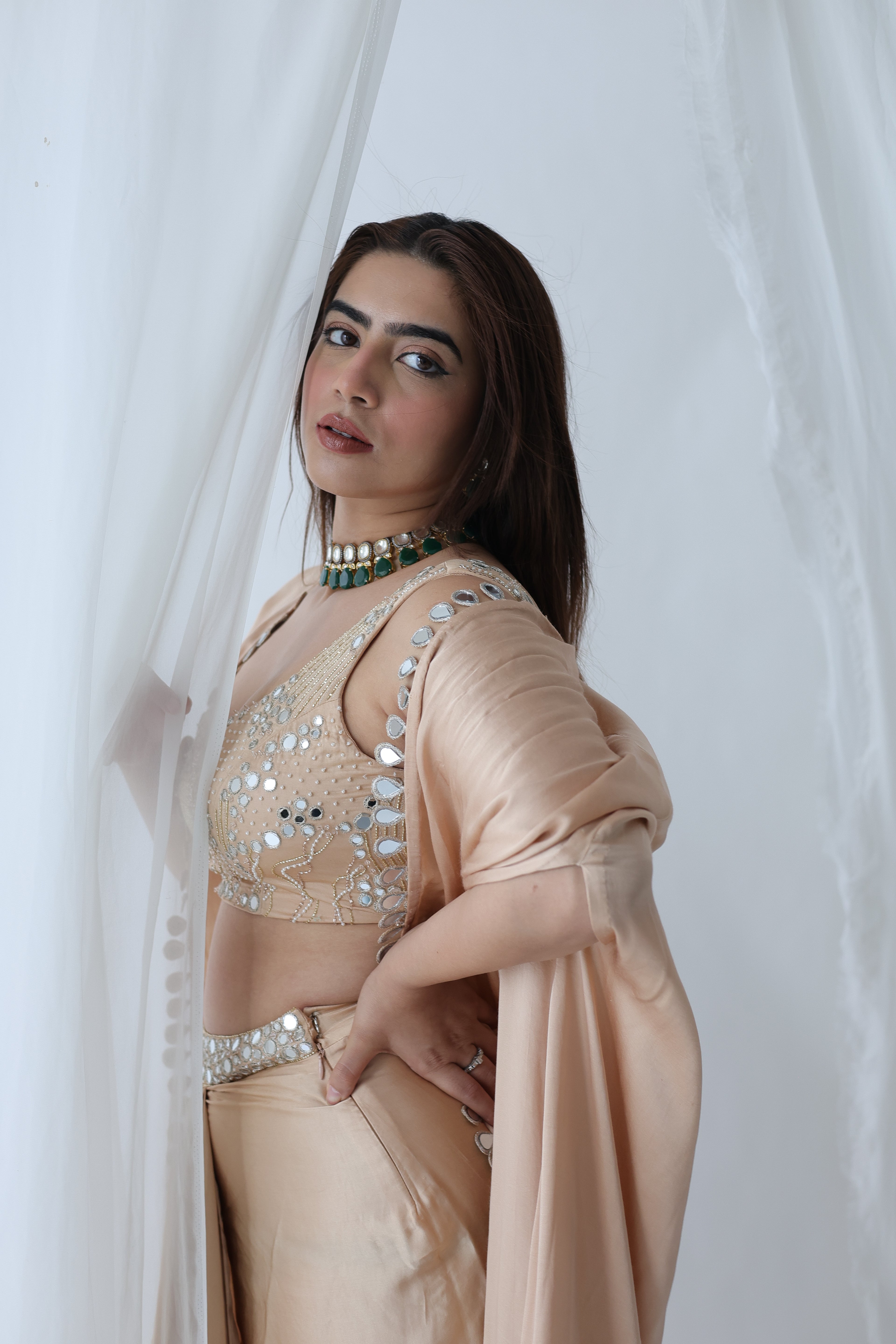 Afreen Open Cape With Bustier And Draped Skirt