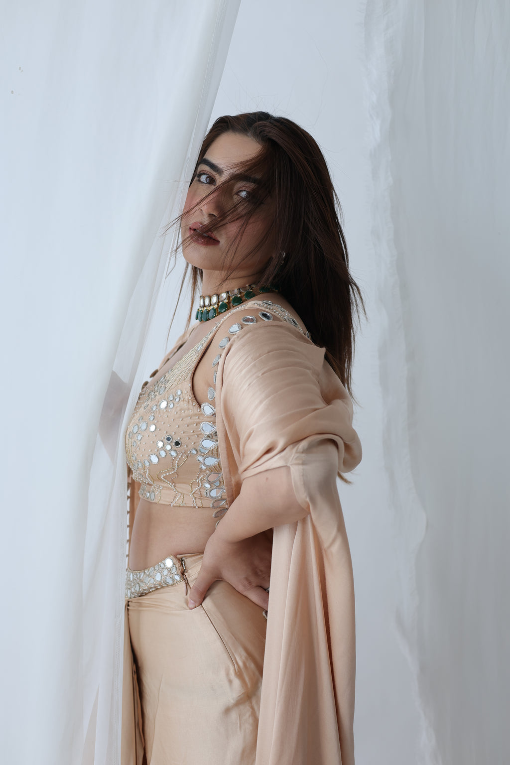 Afreen Open Cape With Bustier And Draped Skirt