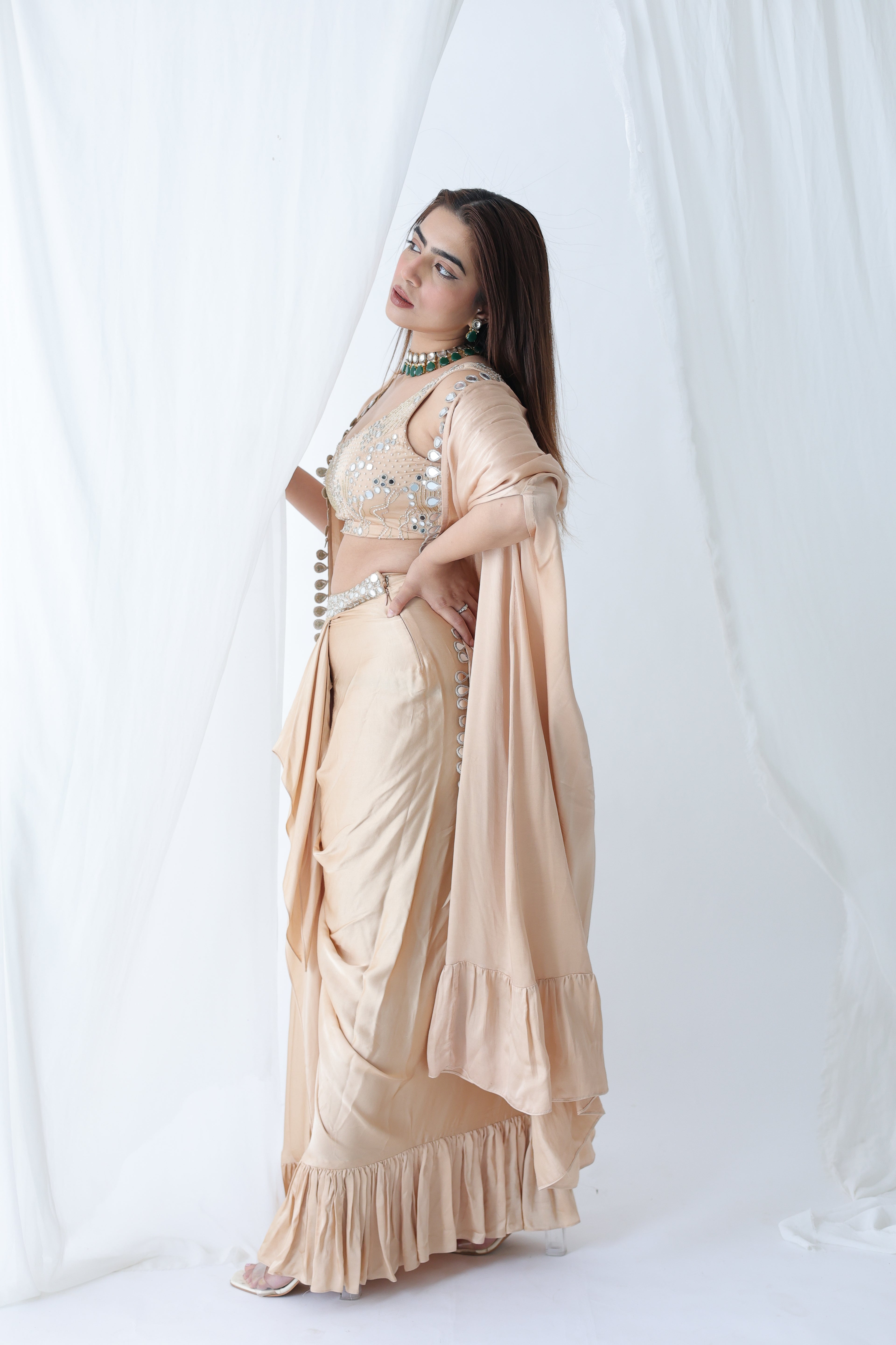 Afreen Open Cape With Bustier And Draped Skirt