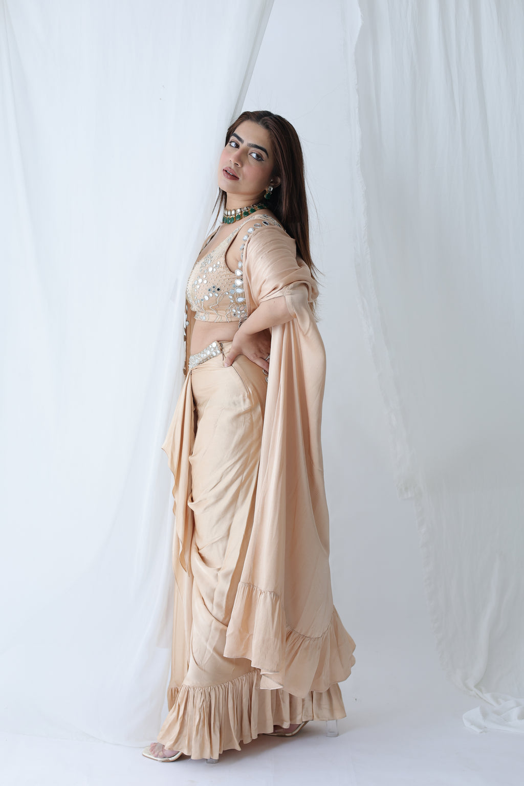 Afreen Open Cape With Bustier And Draped Skirt