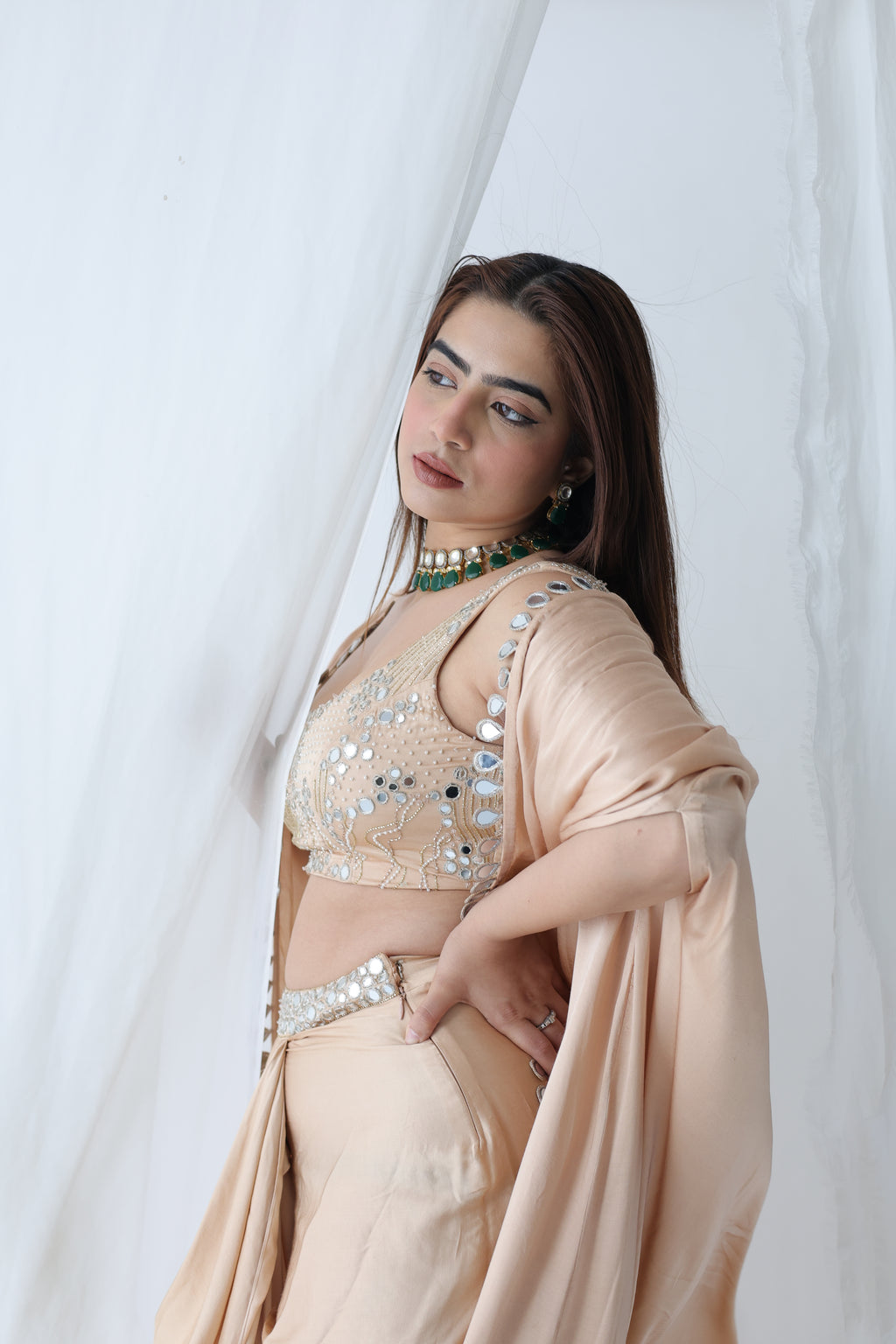 Afreen Open Cape With Bustier And Draped Skirt