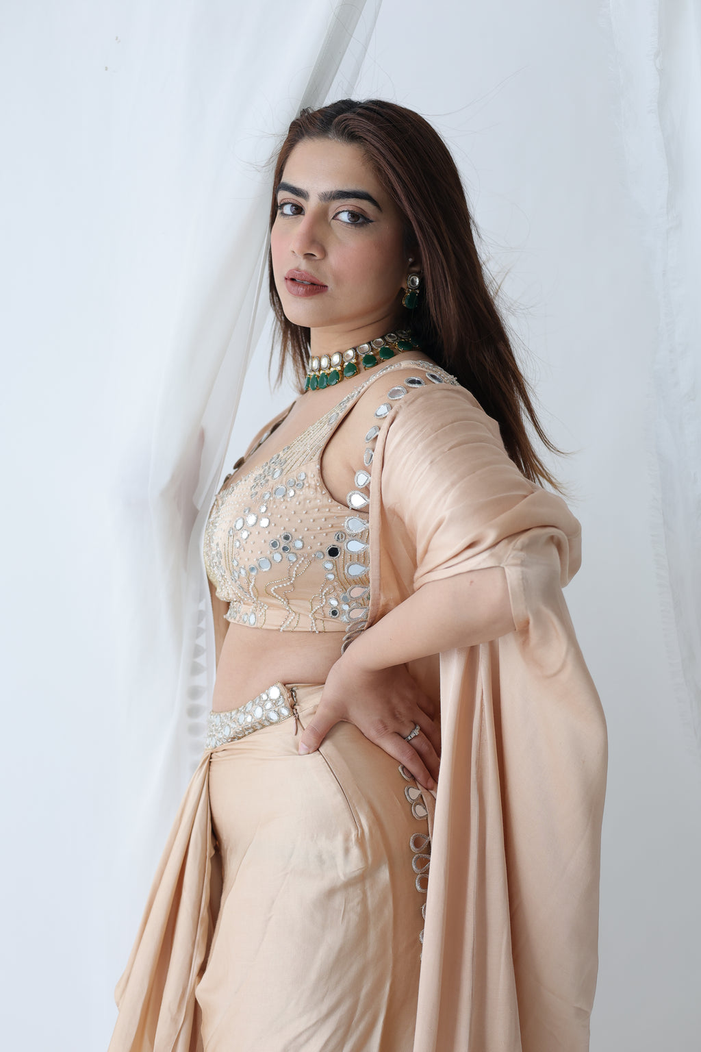 Afreen Open Cape With Bustier And Draped Skirt