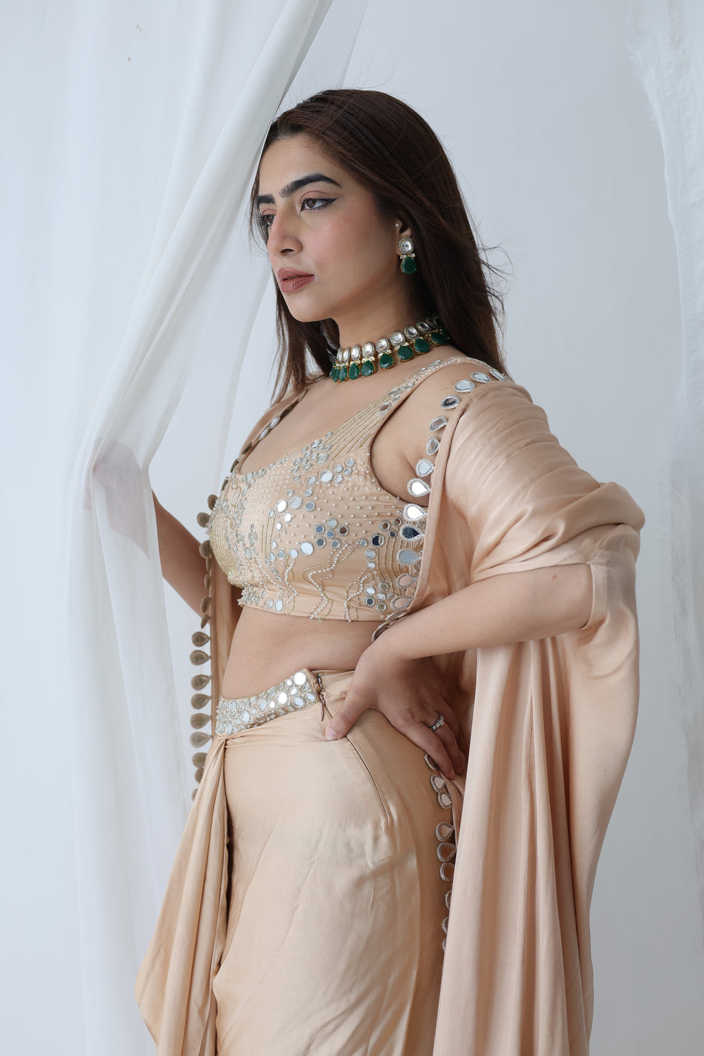 Afreen Open Cape With Bustier And Draped Skirt