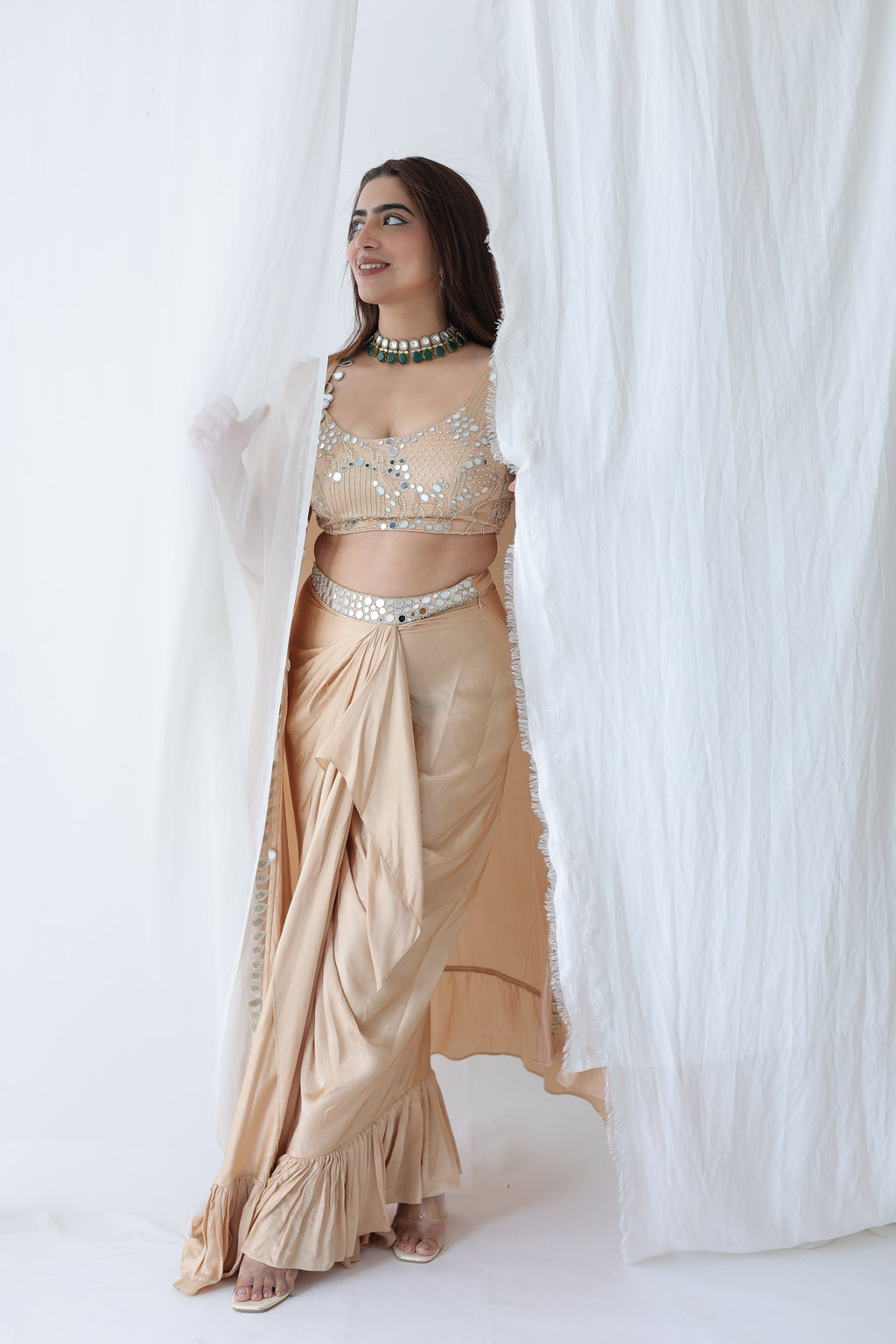 Afreen Open Cape With Bustier And Draped Skirt