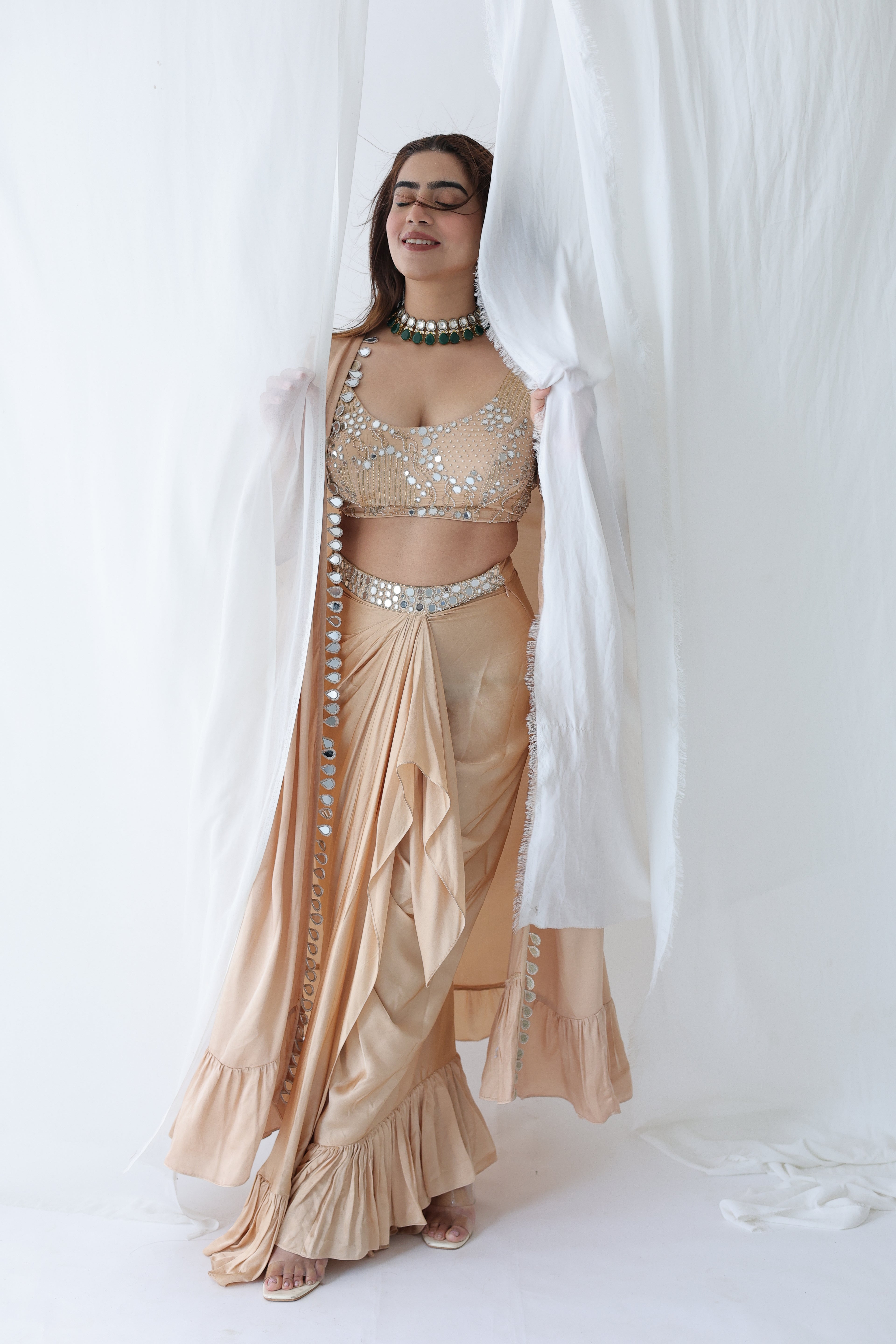 Afreen Open Cape With Bustier And Draped Skirt