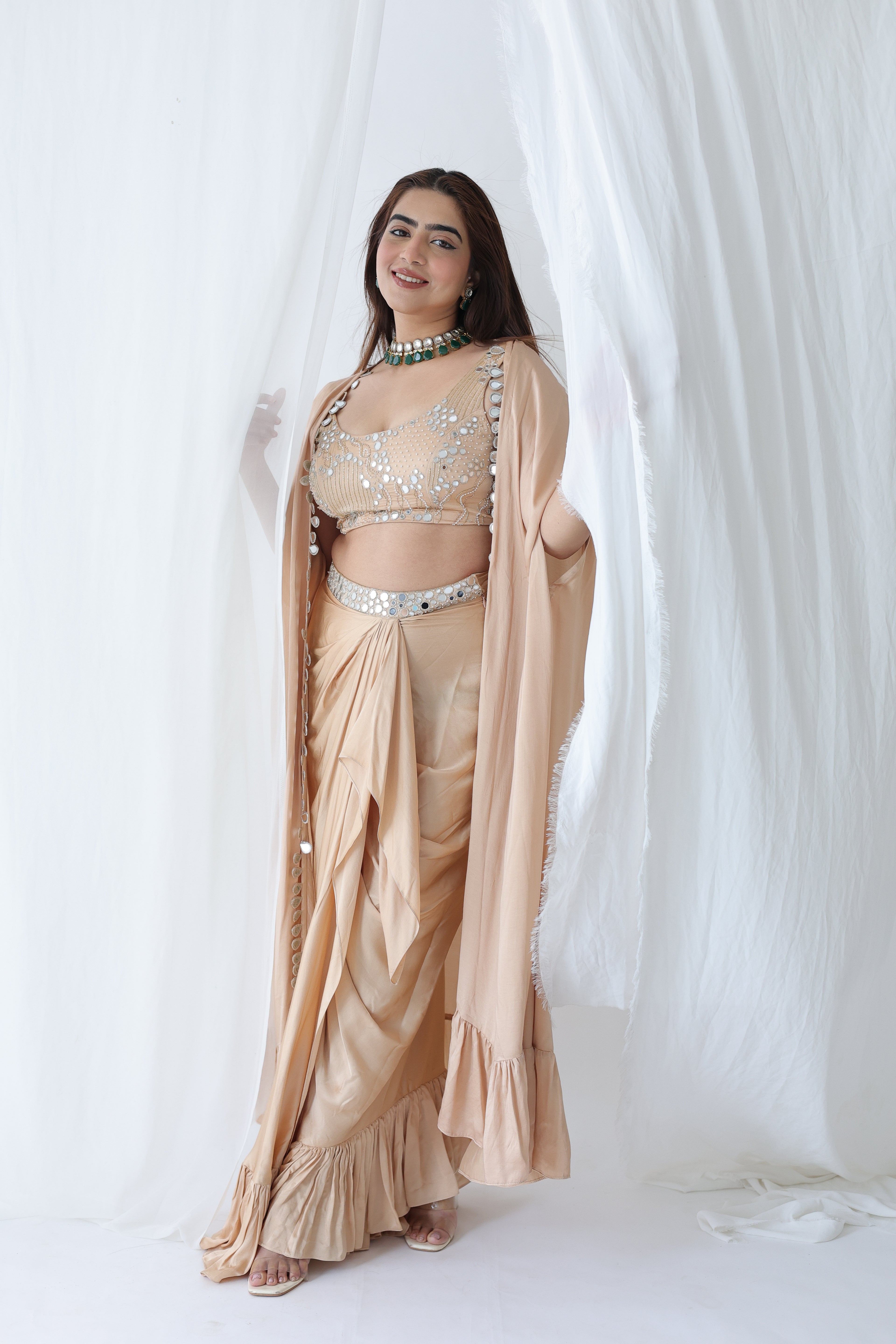 Afreen Open Cape With Bustier And Draped Skirt