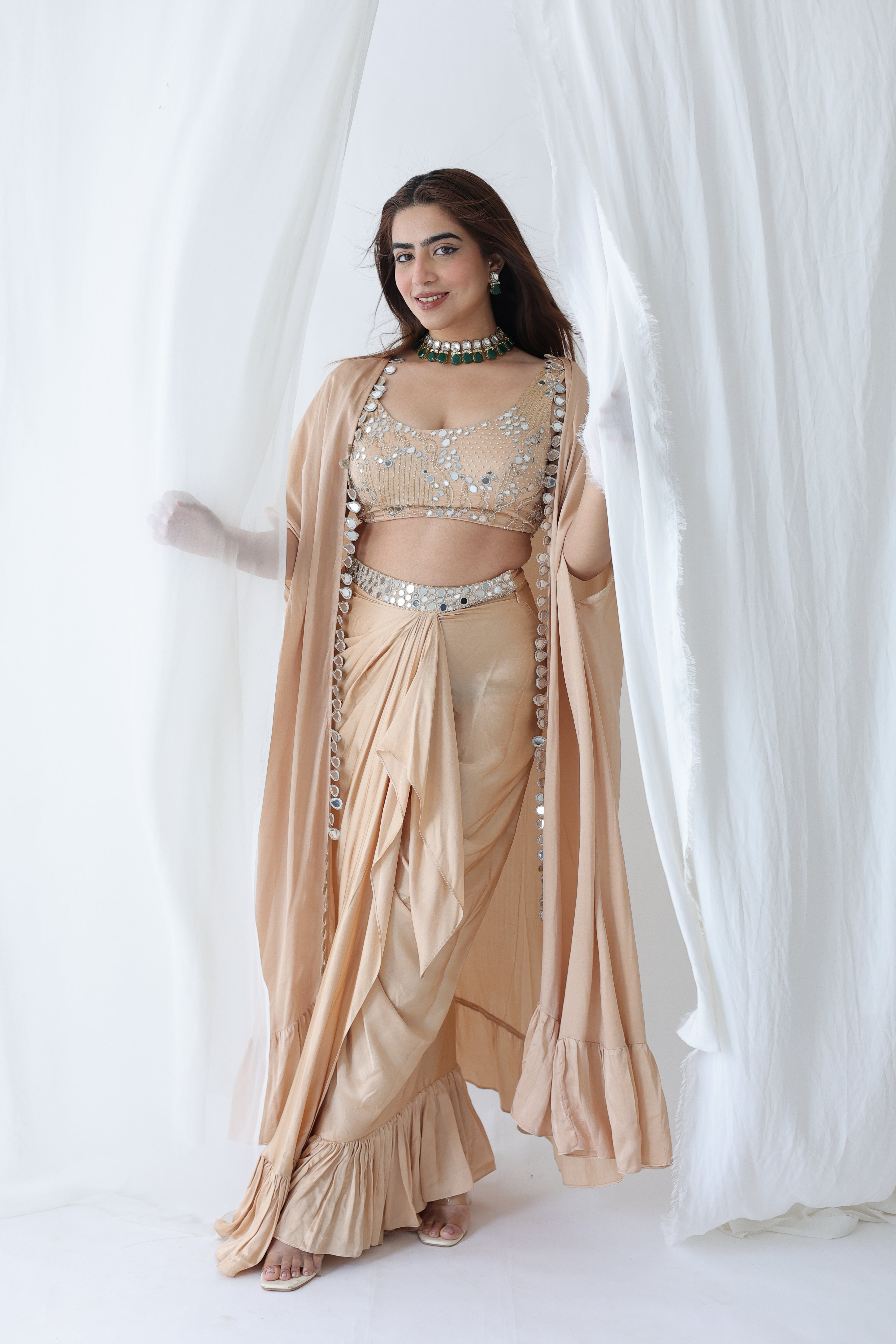 Afreen Open Cape With Bustier And Draped Skirt