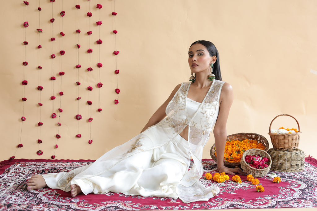 Inaya Organza Cape With Bustier And Circular Palazo