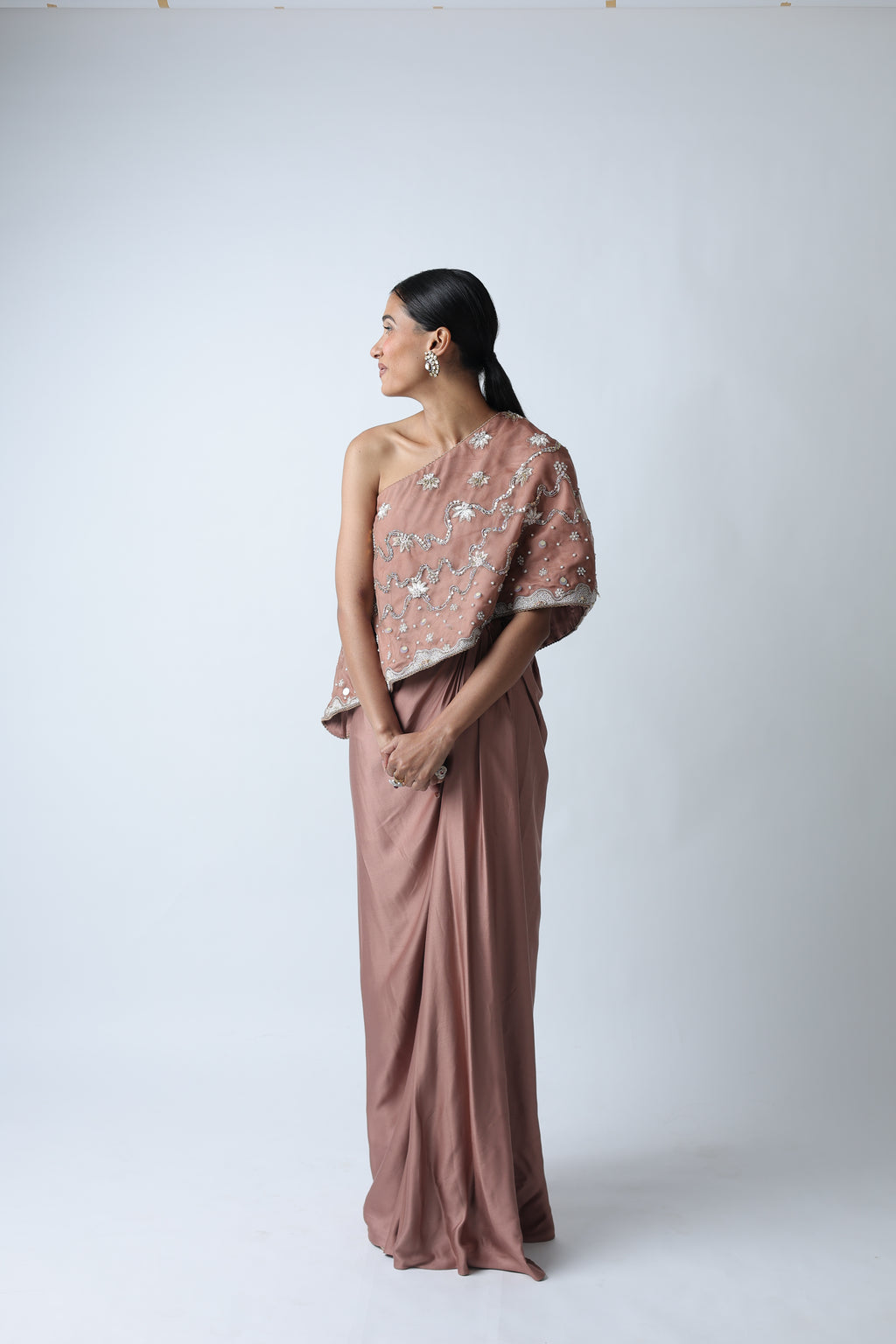 Ziya One Shoulder Cape With Bustier And Draped Skirt