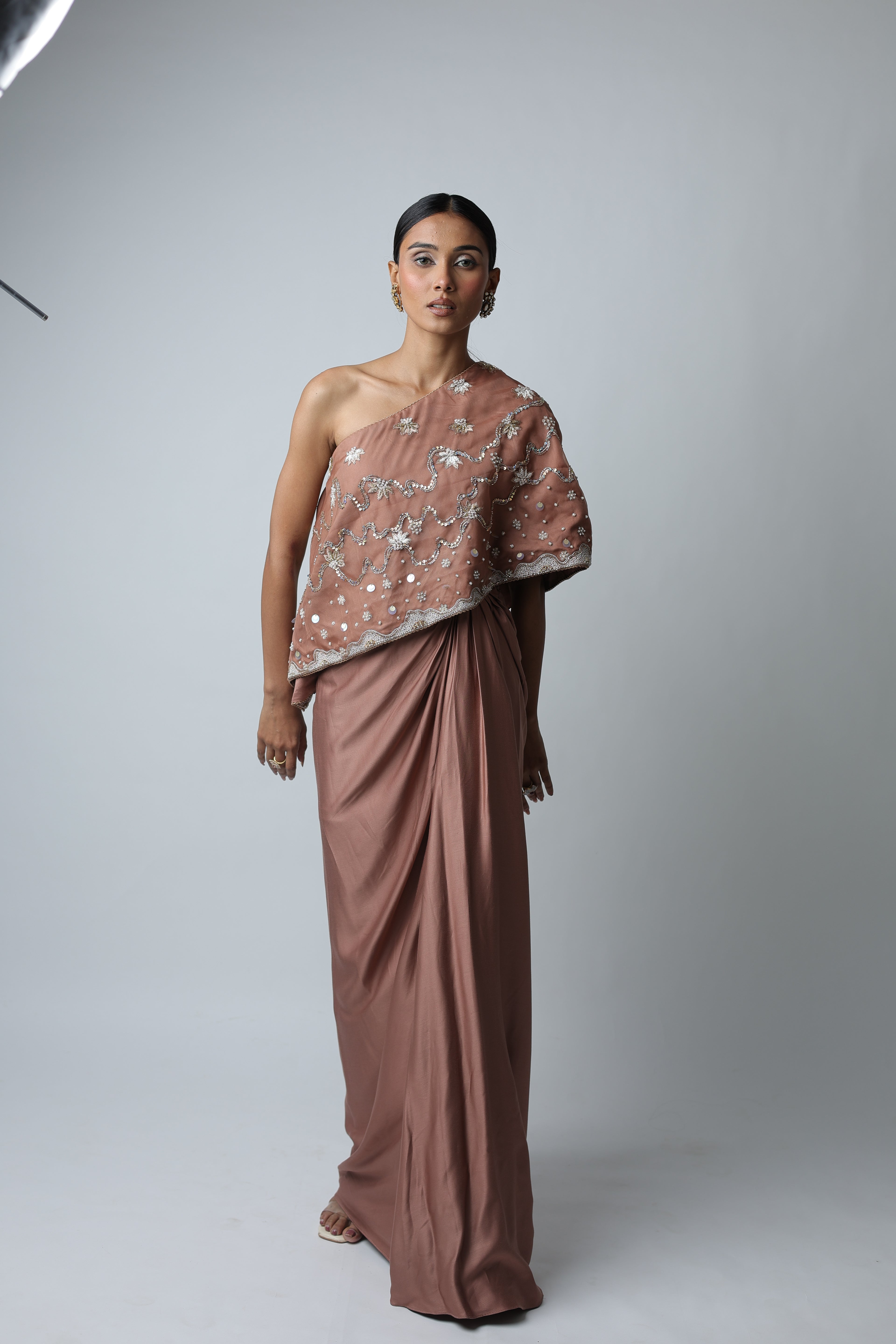 Ziya One Shoulder Cape With Bustier And Draped Skirt