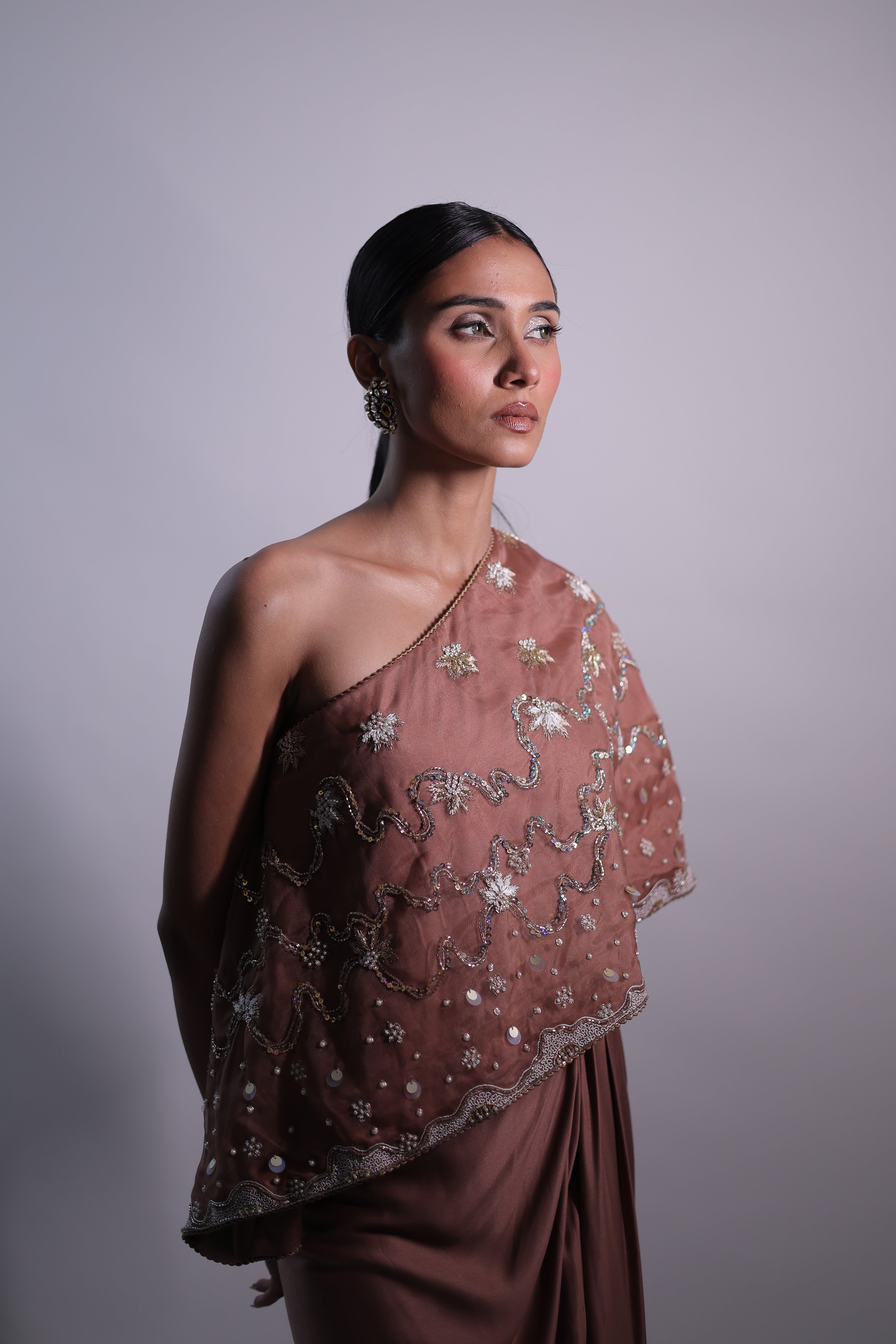 Ziya One Shoulder Cape With Bustier And Draped Skirt