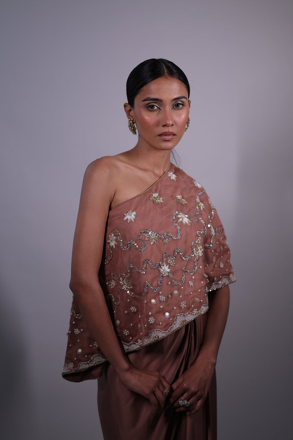 Ziya One Shoulder Cape With Bustier And Draped Skirt