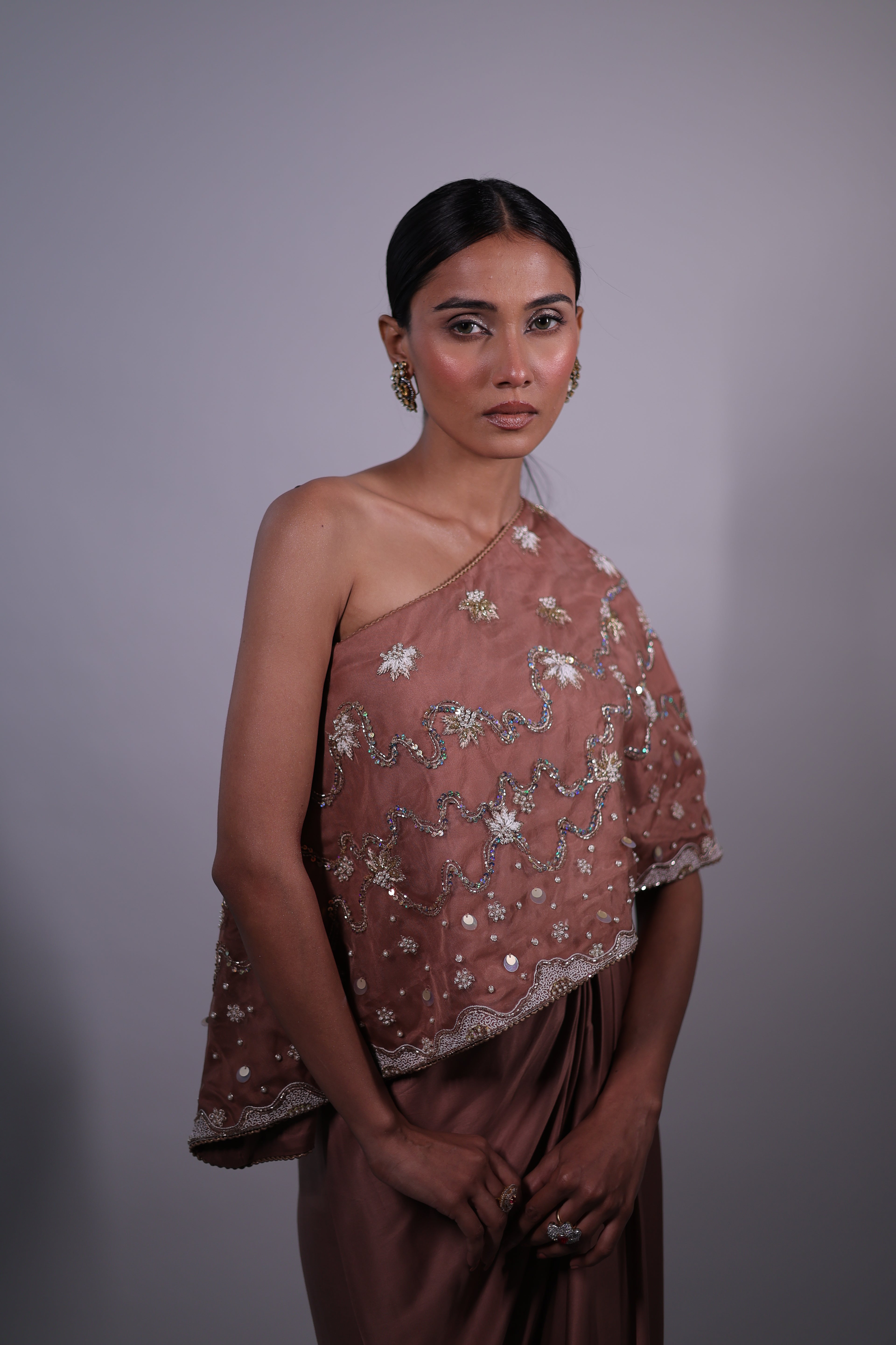 Ziya One Shoulder Cape With Bustier And Draped Skirt