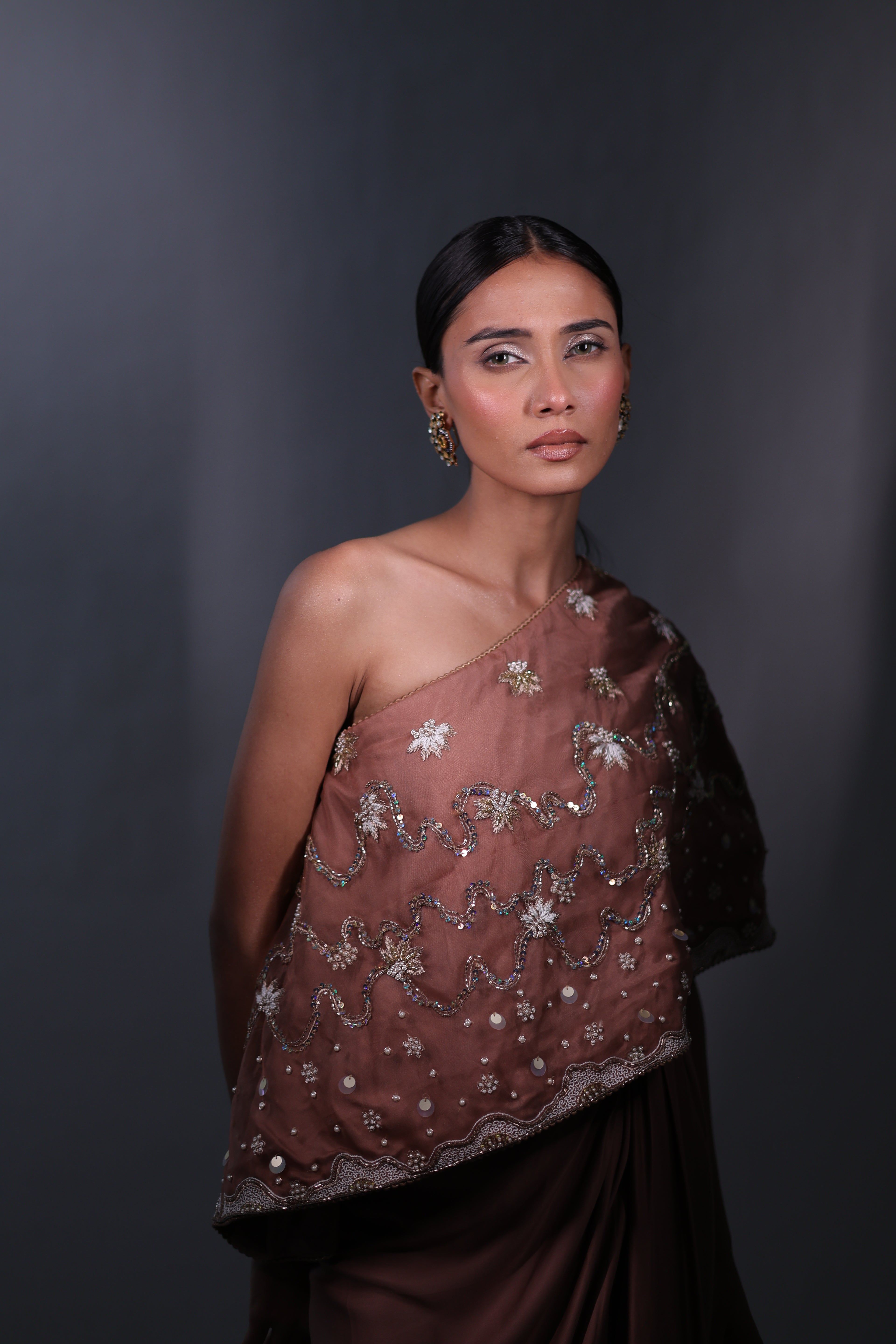 Ziya One Shoulder Cape With Bustier And Draped Skirt