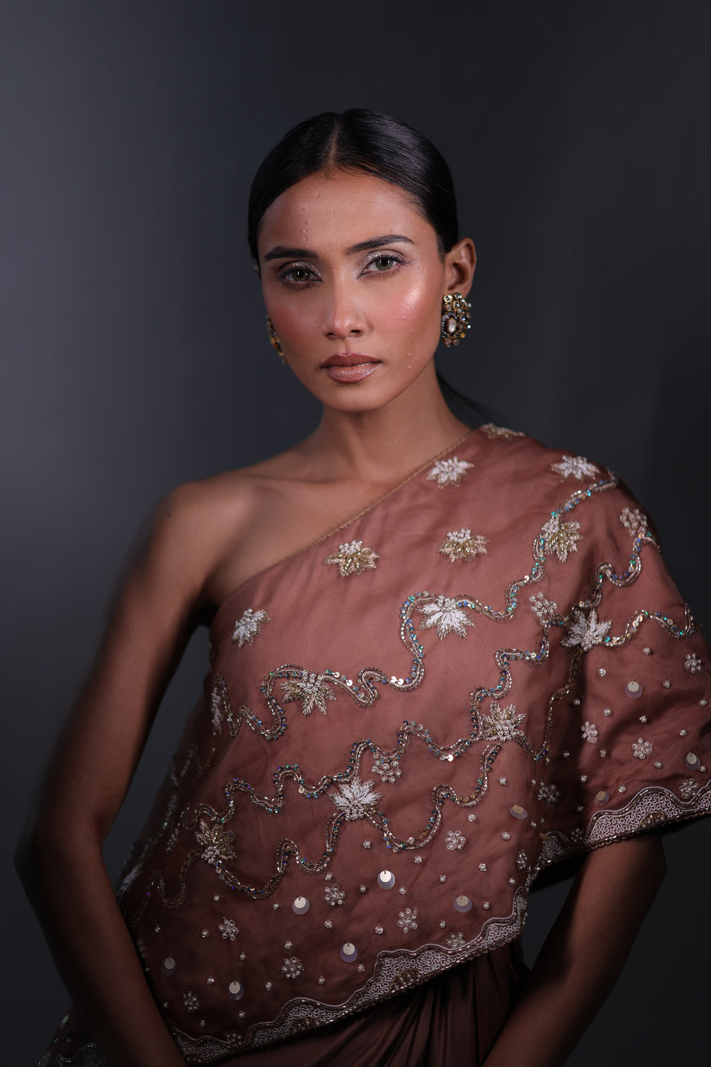 Ziya One Shoulder Cape With Bustier And Draped Skirt