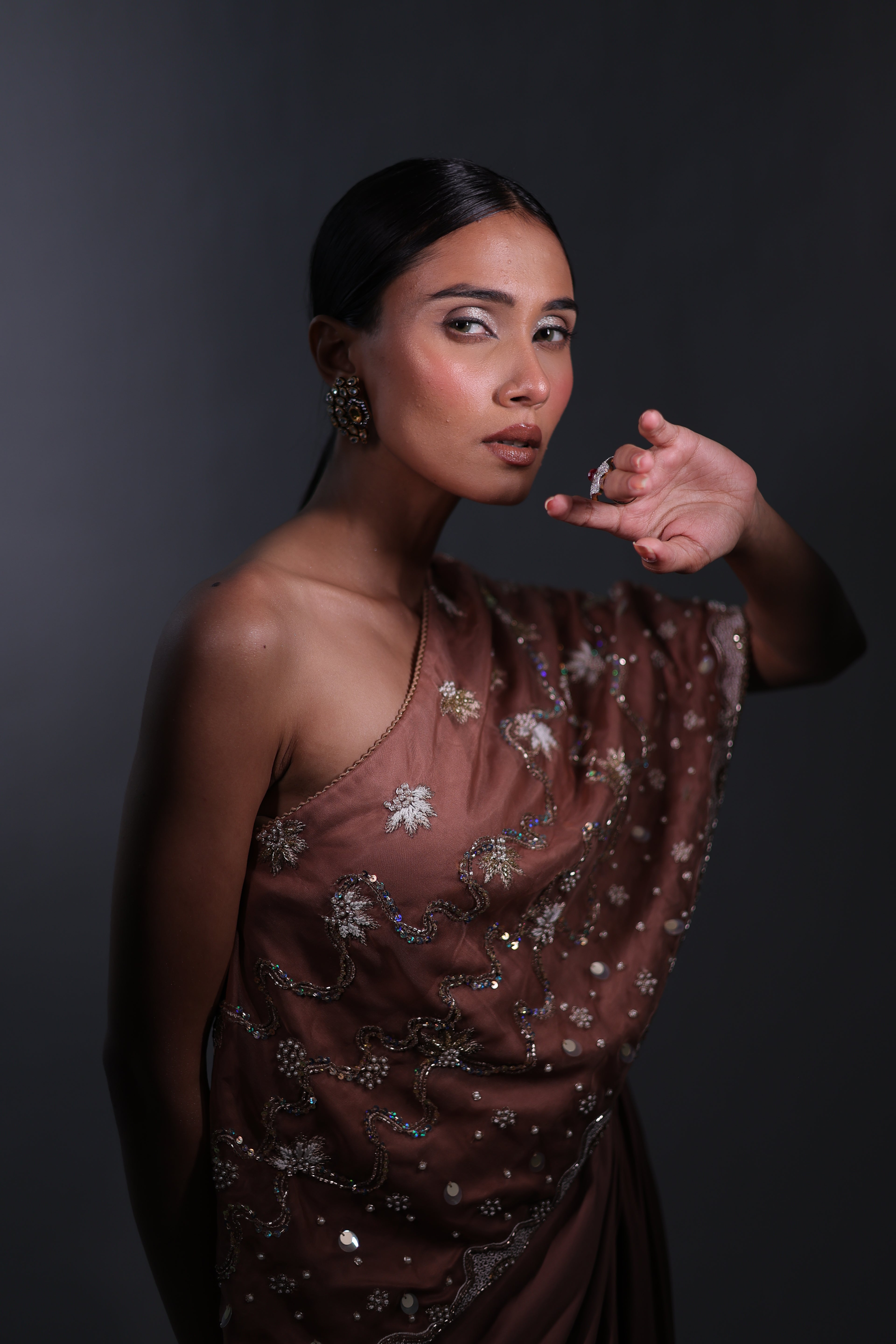 Ziya One Shoulder Cape With Bustier And Draped Skirt