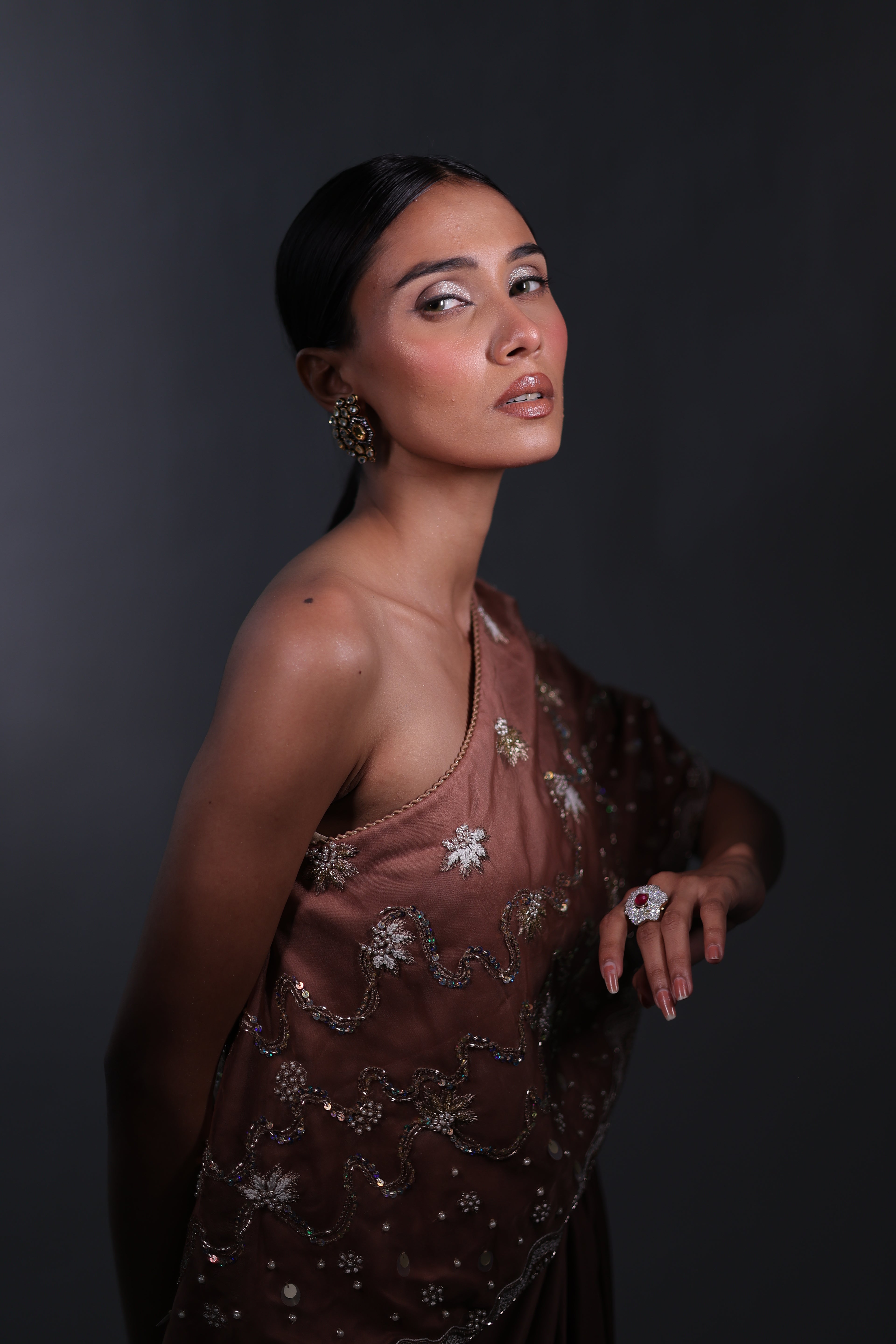 Ziya One Shoulder Cape With Bustier And Draped Skirt