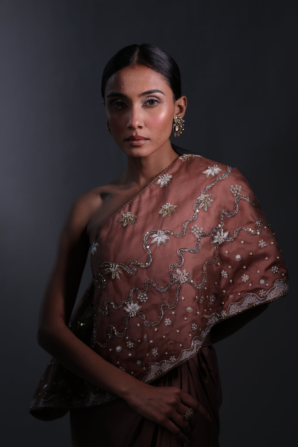 Ziya One Shoulder Cape With Bustier And Draped Skirt