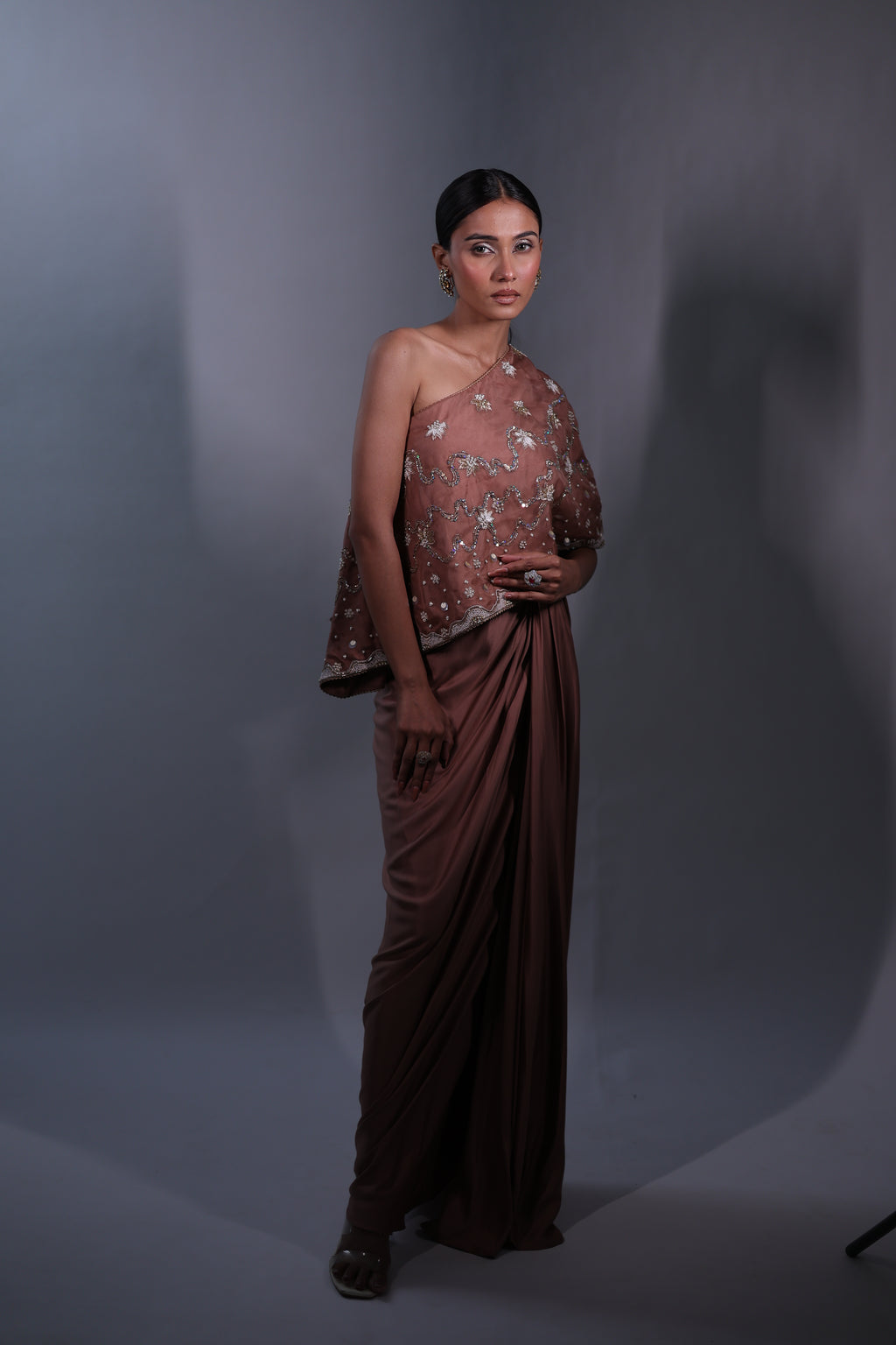 Ziya One Shoulder Cape With Bustier And Draped Skirt
